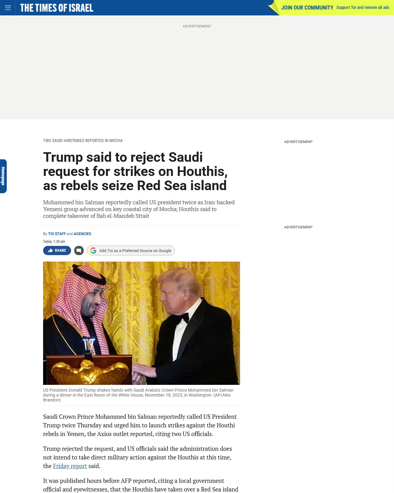 timesofisrael.com as published: Trump said to reject Saudi request for strikes on Houthis, as rebels seize Red Sea island