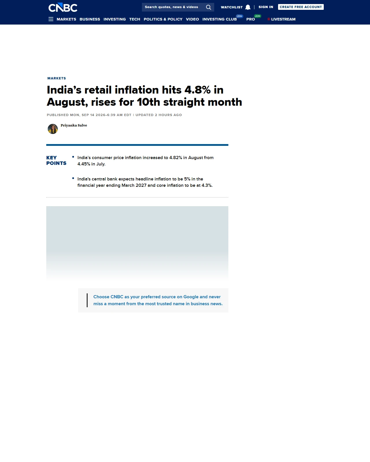 cnbc.com as published: India’s retail inflation hits 4.8% in August, rises for 10th straight month