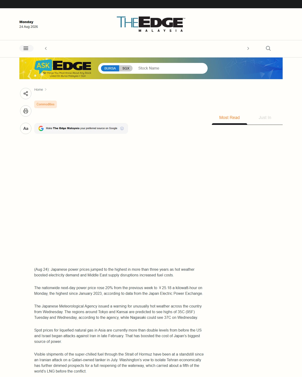 theedgemalaysia.com as published: Japan power prices climb to highest since 2023 on heat wave