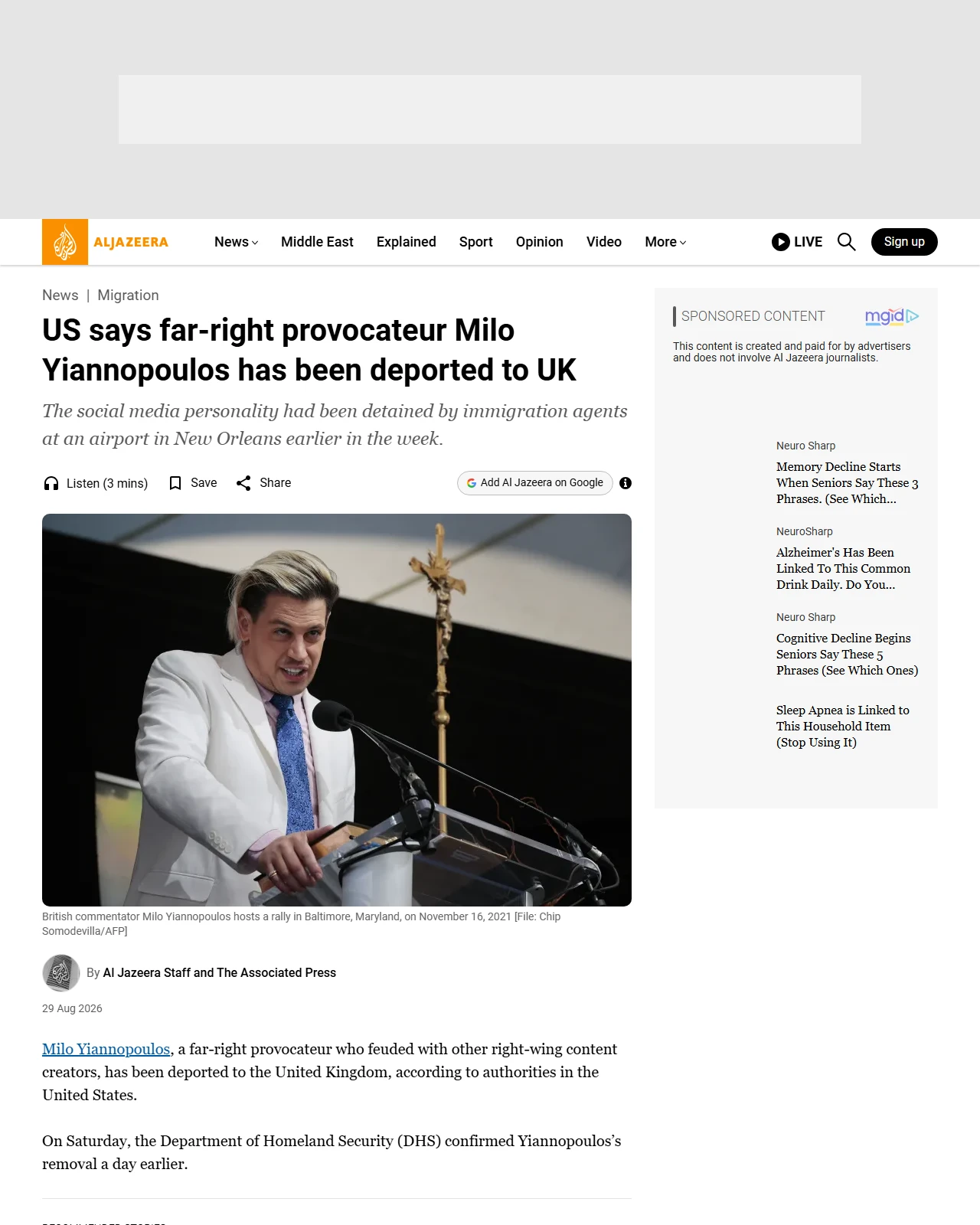 aljazeera.com as published: US says far-right provocateur Milo Yiannopoulos has been deported to UK