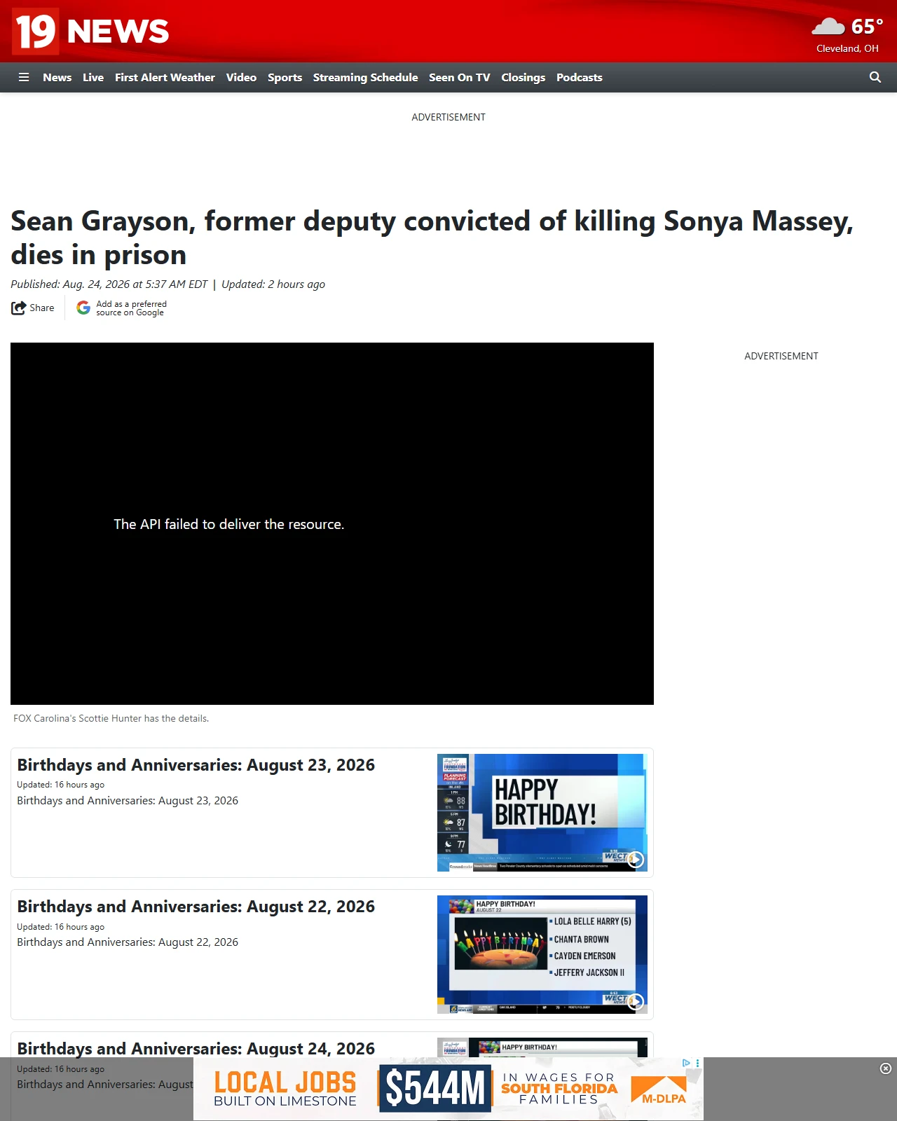 cleveland19.com as published: Sean Grayson, former deputy convicted of killing Sonya Massey, dies in prison