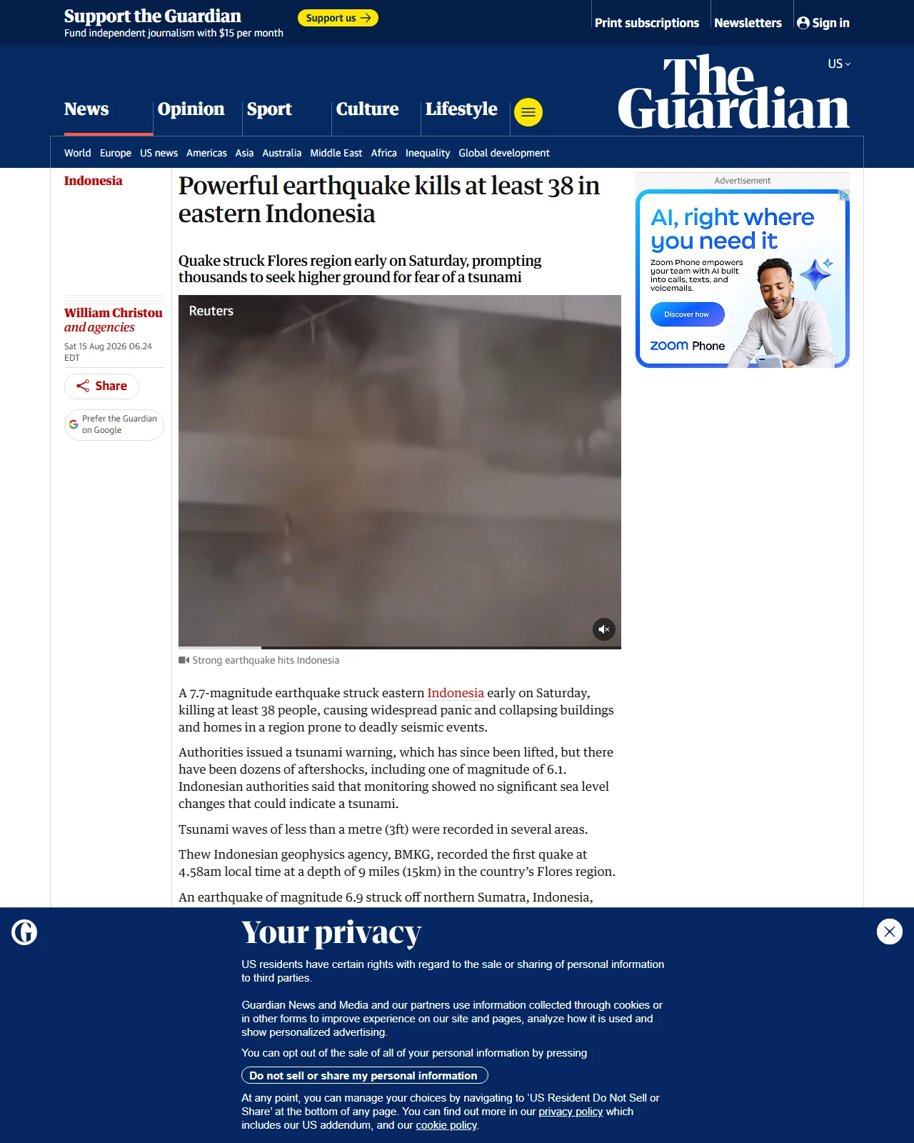 theguardian.com as published: Powerful earthquake kills at least 38 in eastern Indonesia