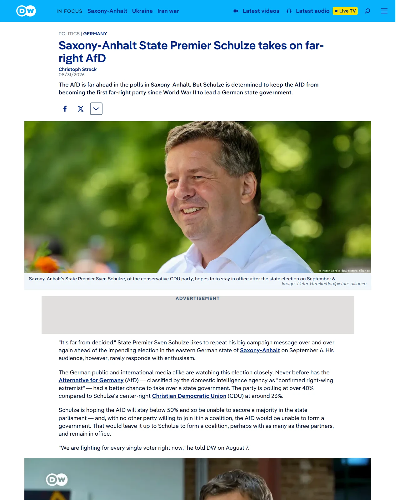 dw.com as published: Saxony-Anhalt State Premier Schulze takes on far-right AfD