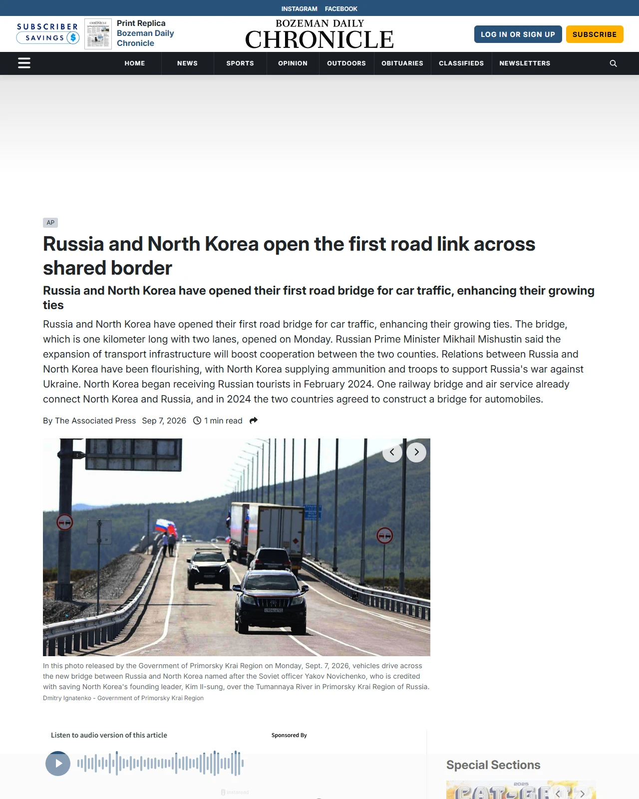 bozemandailychronicle.com as published: Russia and North Korea open the first road link across shared border