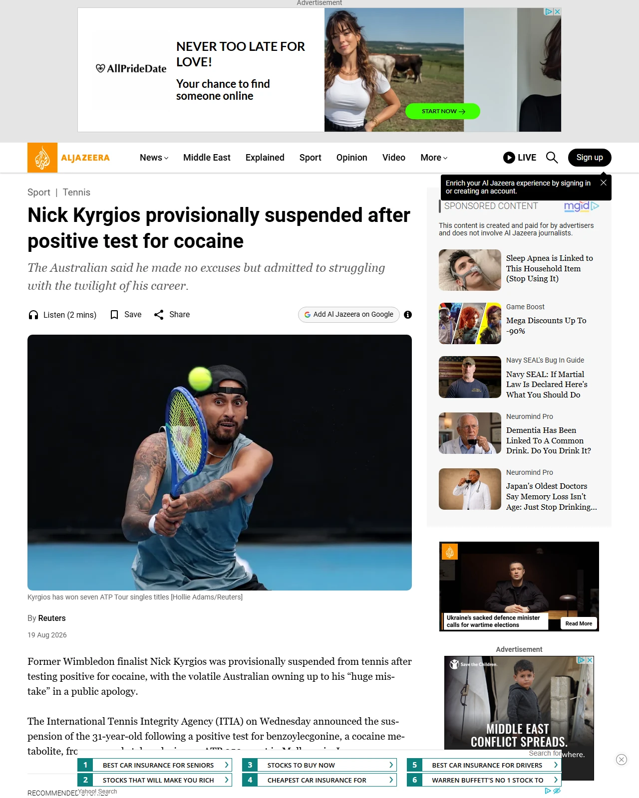 aljazeera.com as published: Nick Kyrgios provisionally suspended after positive test for cocaine