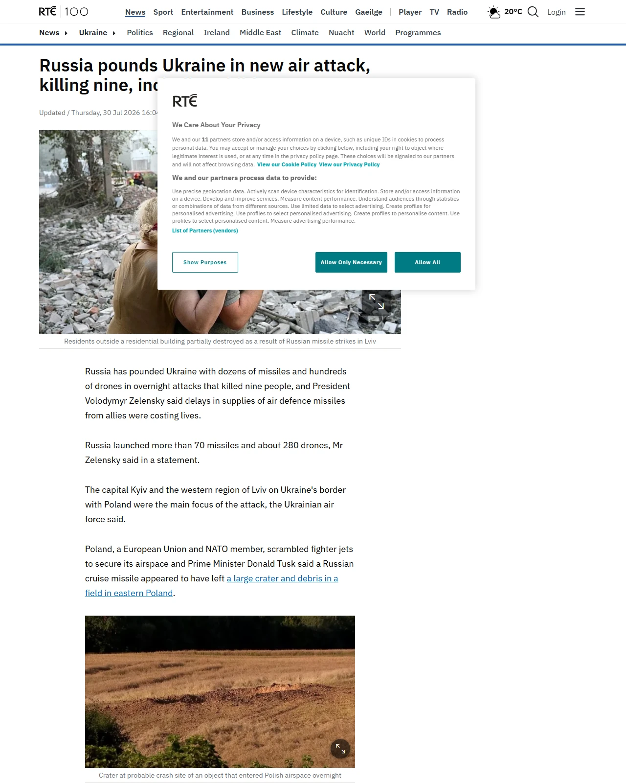 rte.ie as published: Russia pounds Ukraine in new air attack, killing nine