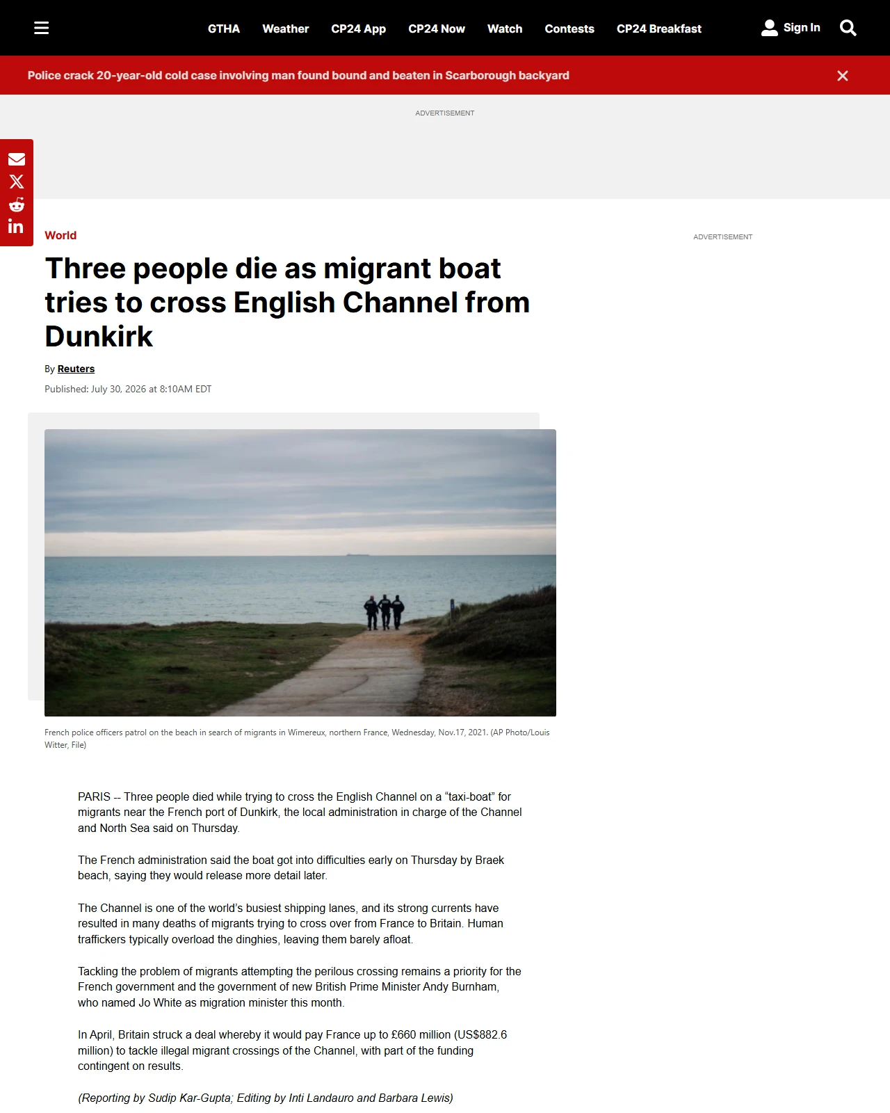 cp24.com as published: Three people die as migrant boat tries to cross English Channel from Dunkirk