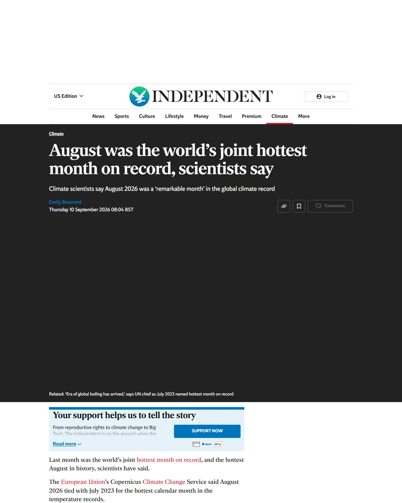 independent.co.uk as published: Global heat stuck on high. Scientists say August was Earth's hottest month they've measured.