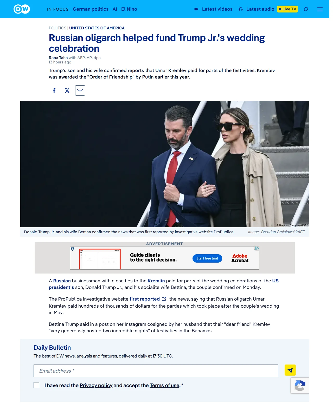 dw.com as published: Kremlin-linked Russian oligarch helped fund Trump Jr.'s wedding celebration