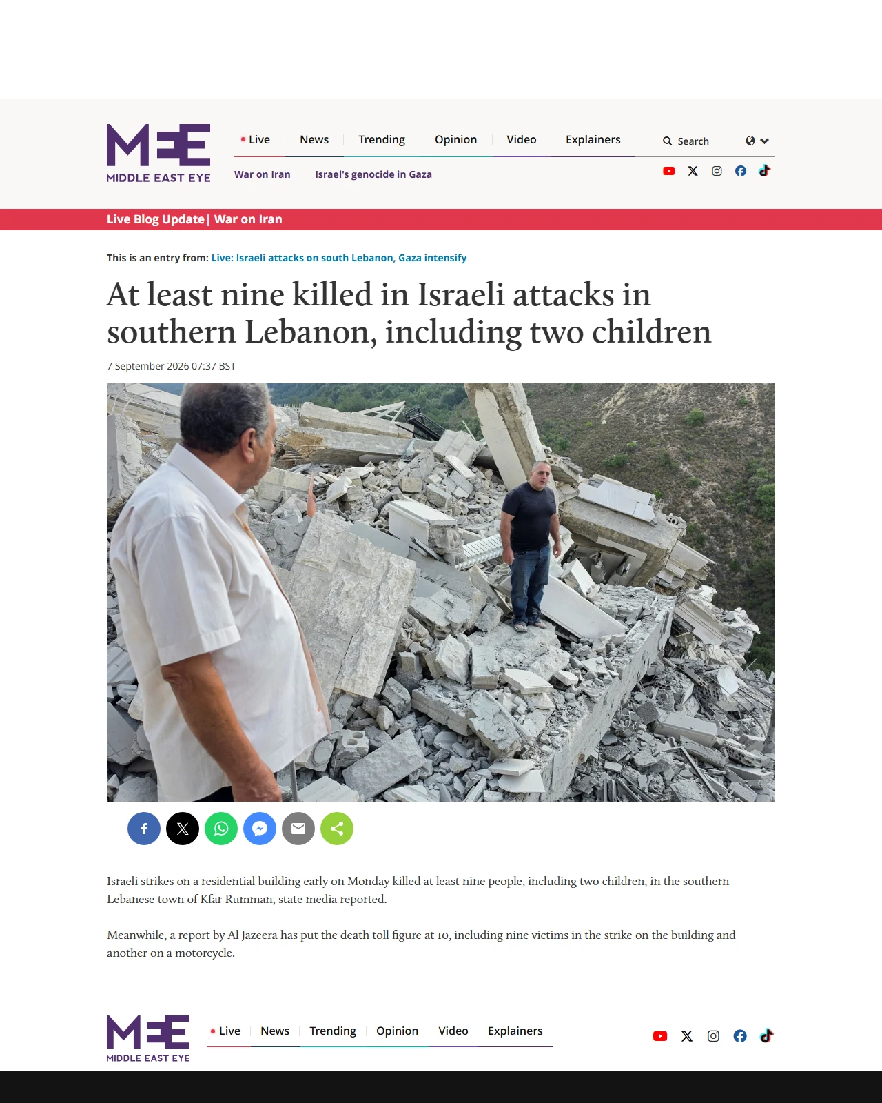 middleeasteye.net as published: At least nine killed in Israeli attacks in southern Lebanon, including two children