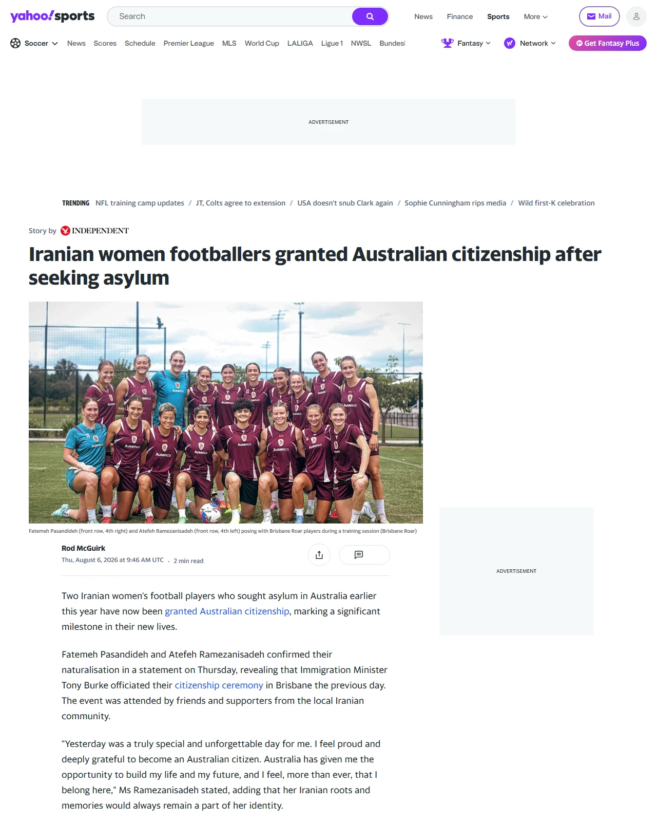 sports.yahoo.com as published: Iranian women footballers granted Australian citizenship after seeking asylum