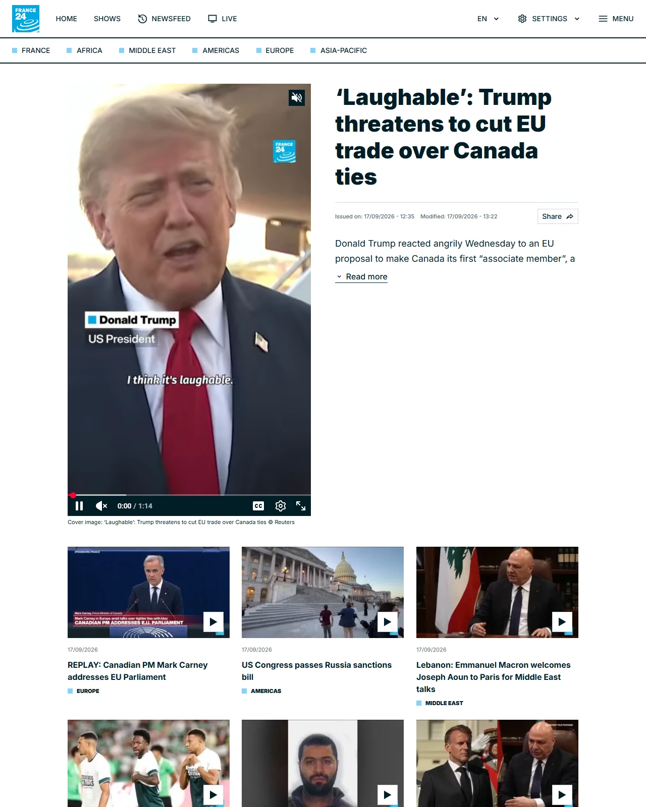 france24.com as published: ‘Laughable’: Trump threatens to cut EU trade over Canada ties