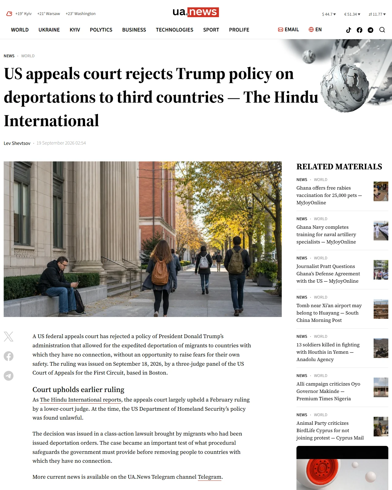 ua.news as published: US appeals court rejects Trump policy on deportations to third countries — The Hindu International