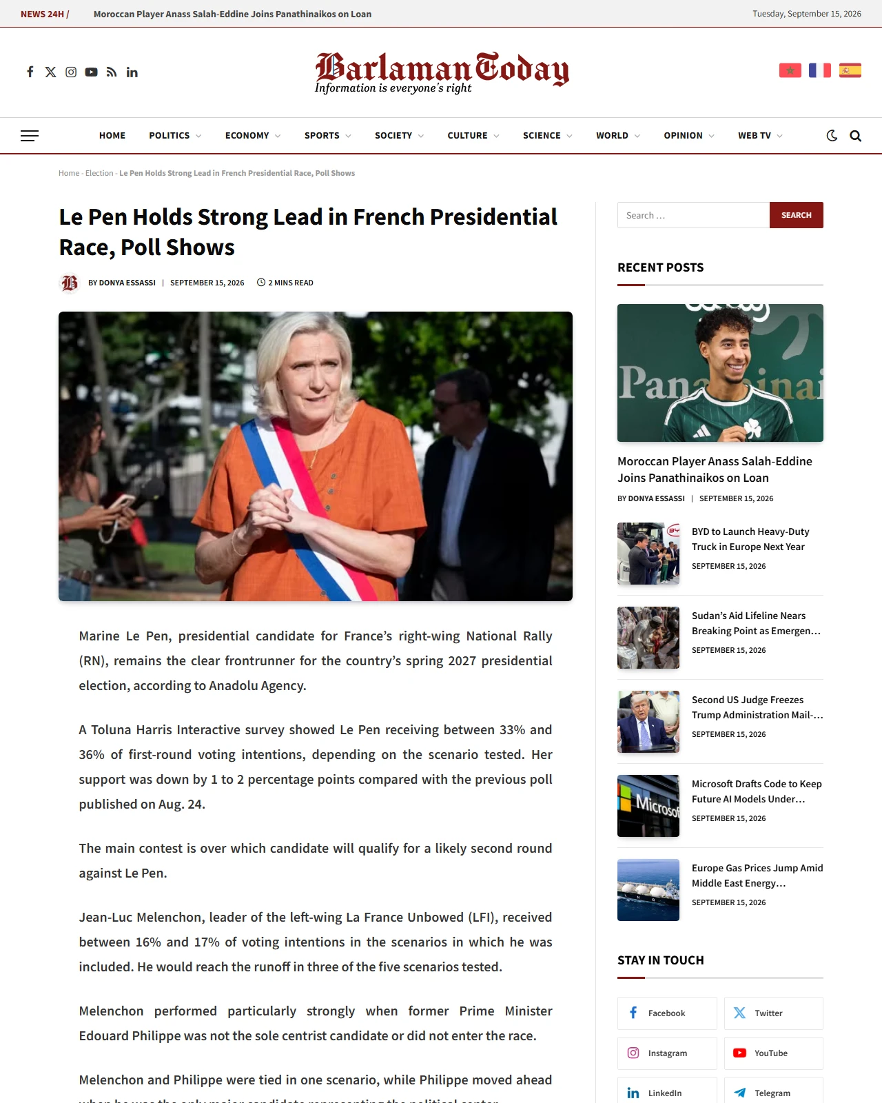 barlamantoday.com as published: Le Pen Holds Strong Lead in French Presidential Race, Poll Shows