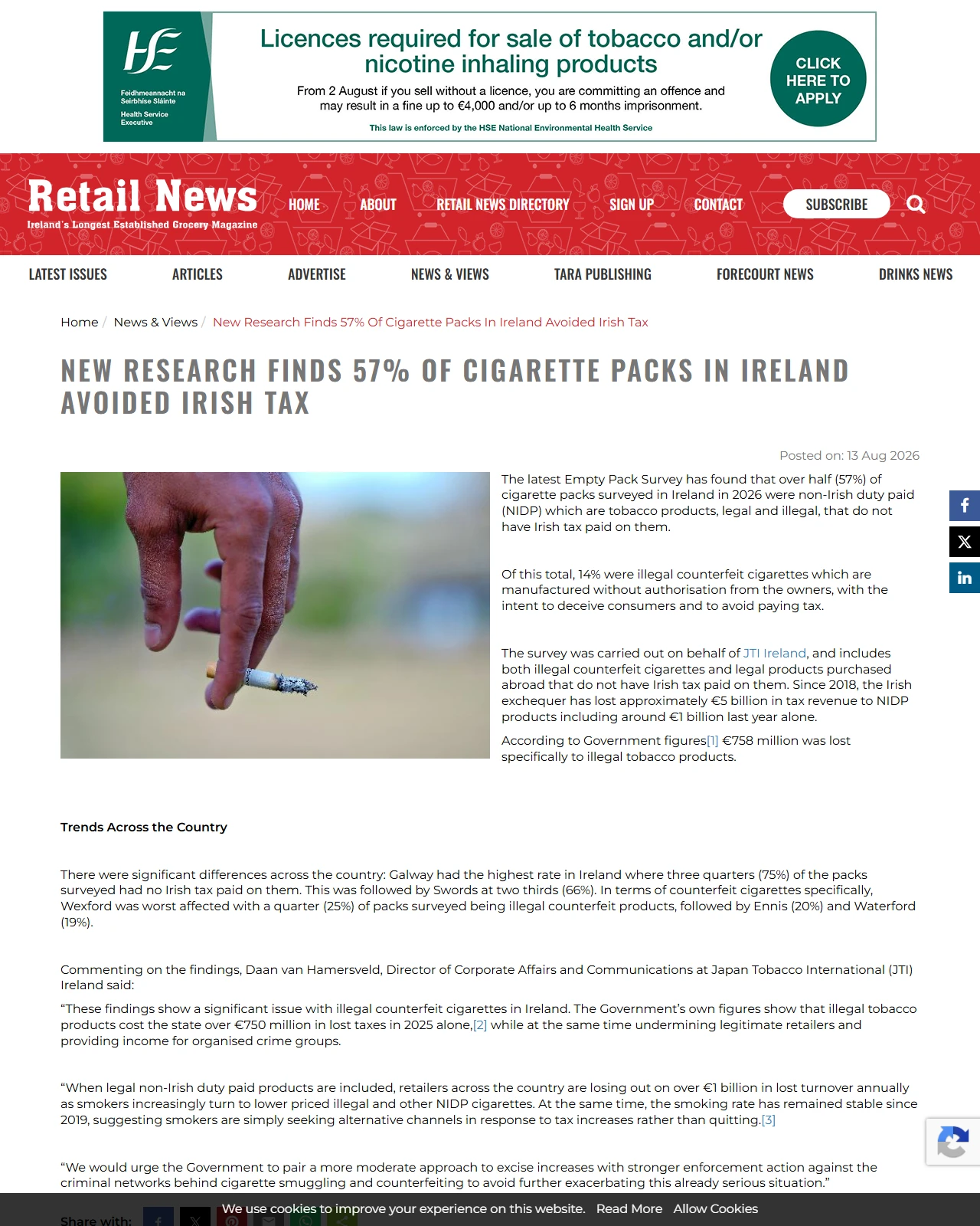 retailnews.ie as published: New Research finds 57% of cigarette packs in Ireland avoided Irish tax