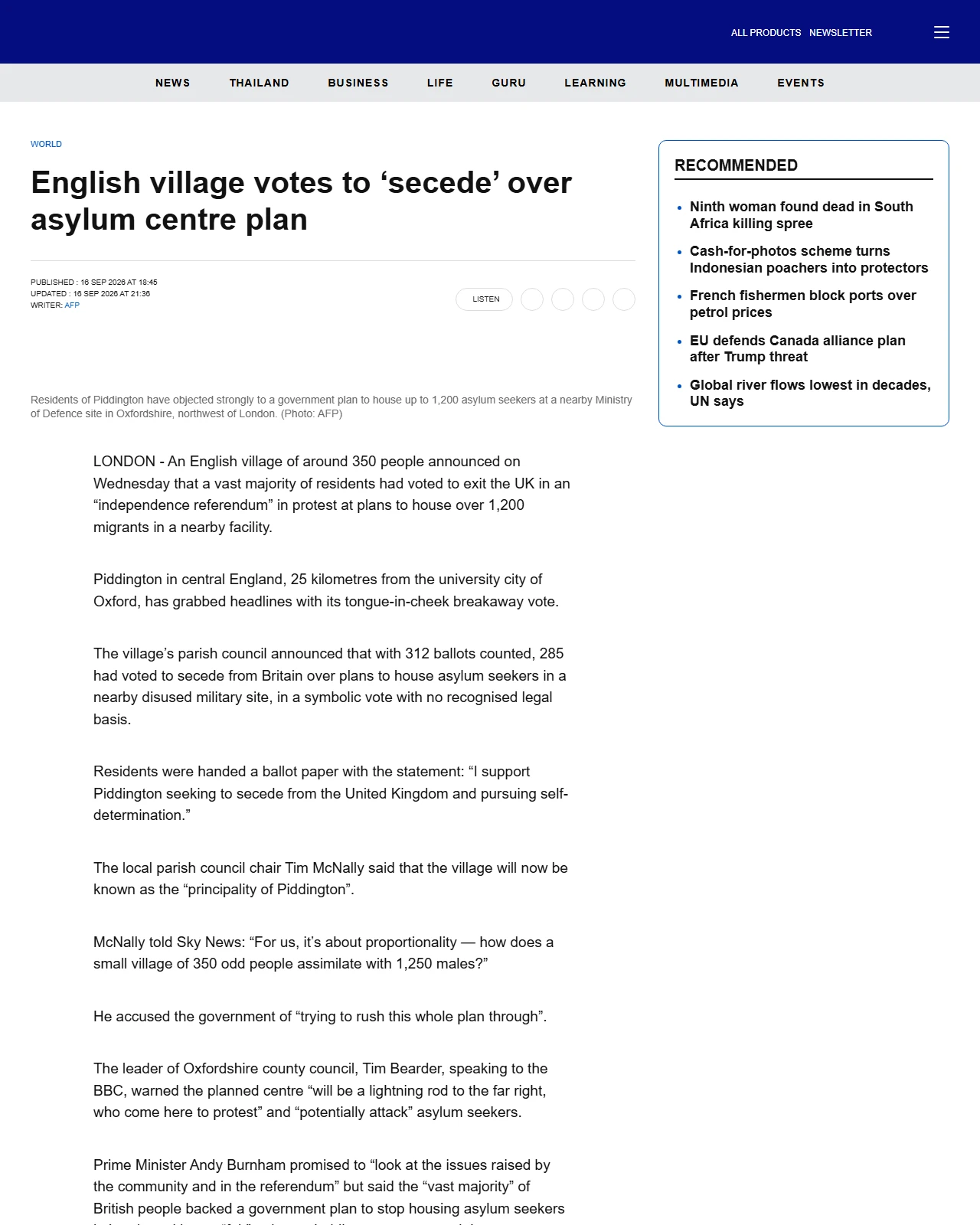bangkokpost.com as published: English village votes to ‘secede’ over asylum centre plan
