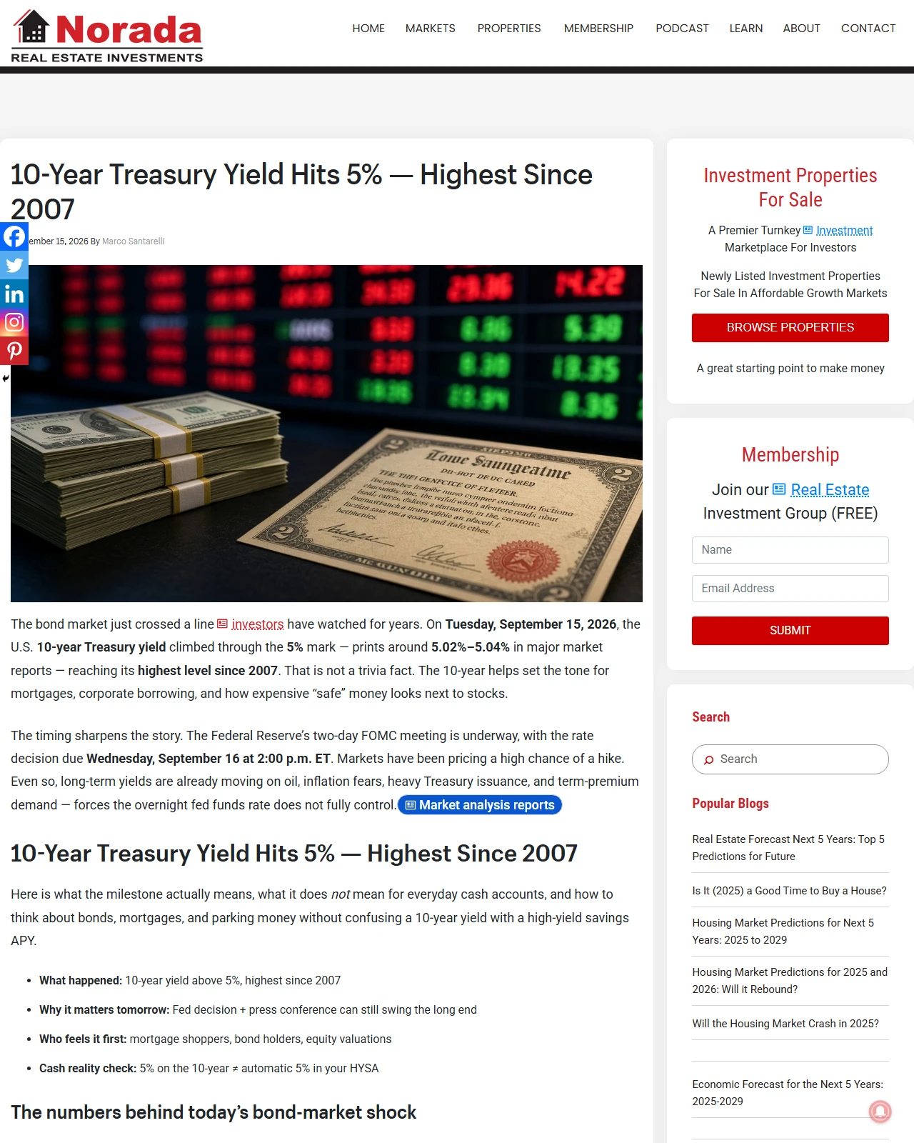 noradarealestate.com as published: 10-Year Treasury Yield Hits 5% — Highest Since 2007
