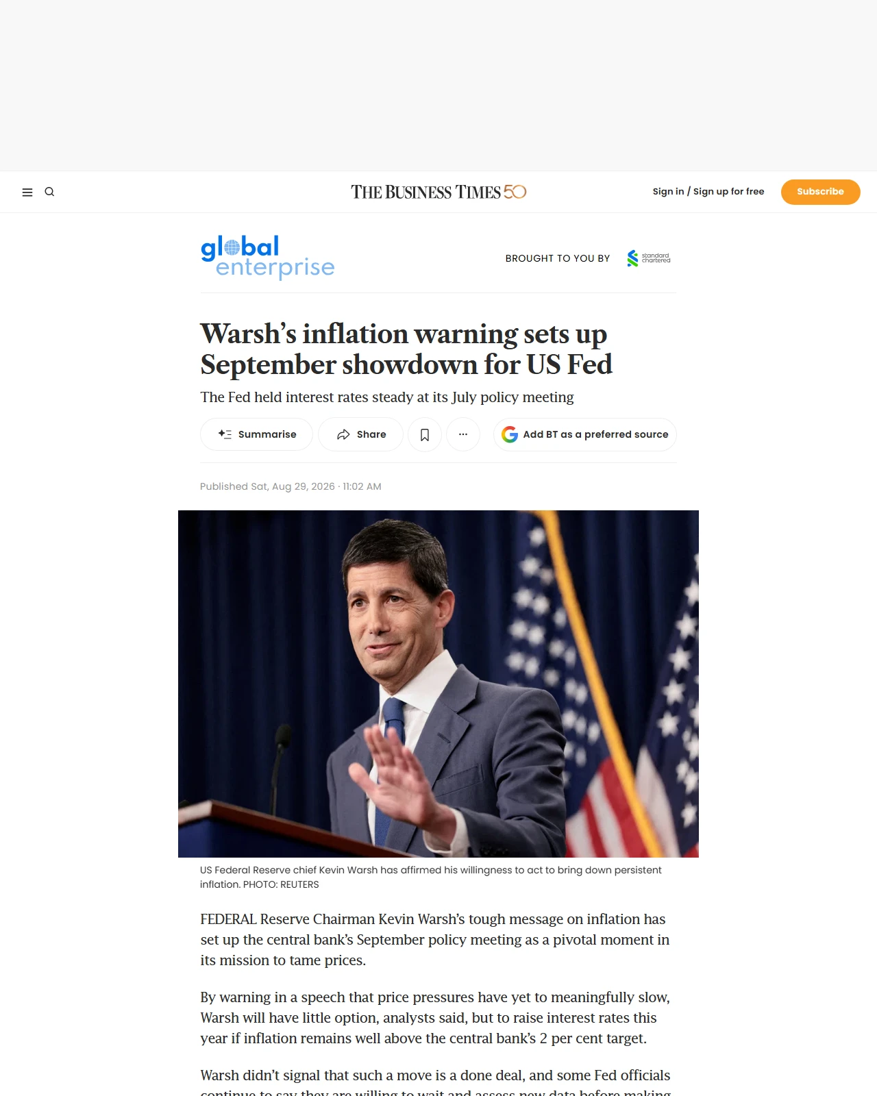 businesstimes.com.sg as published: Warsh’s inflation warning sets up September showdown for US Fed