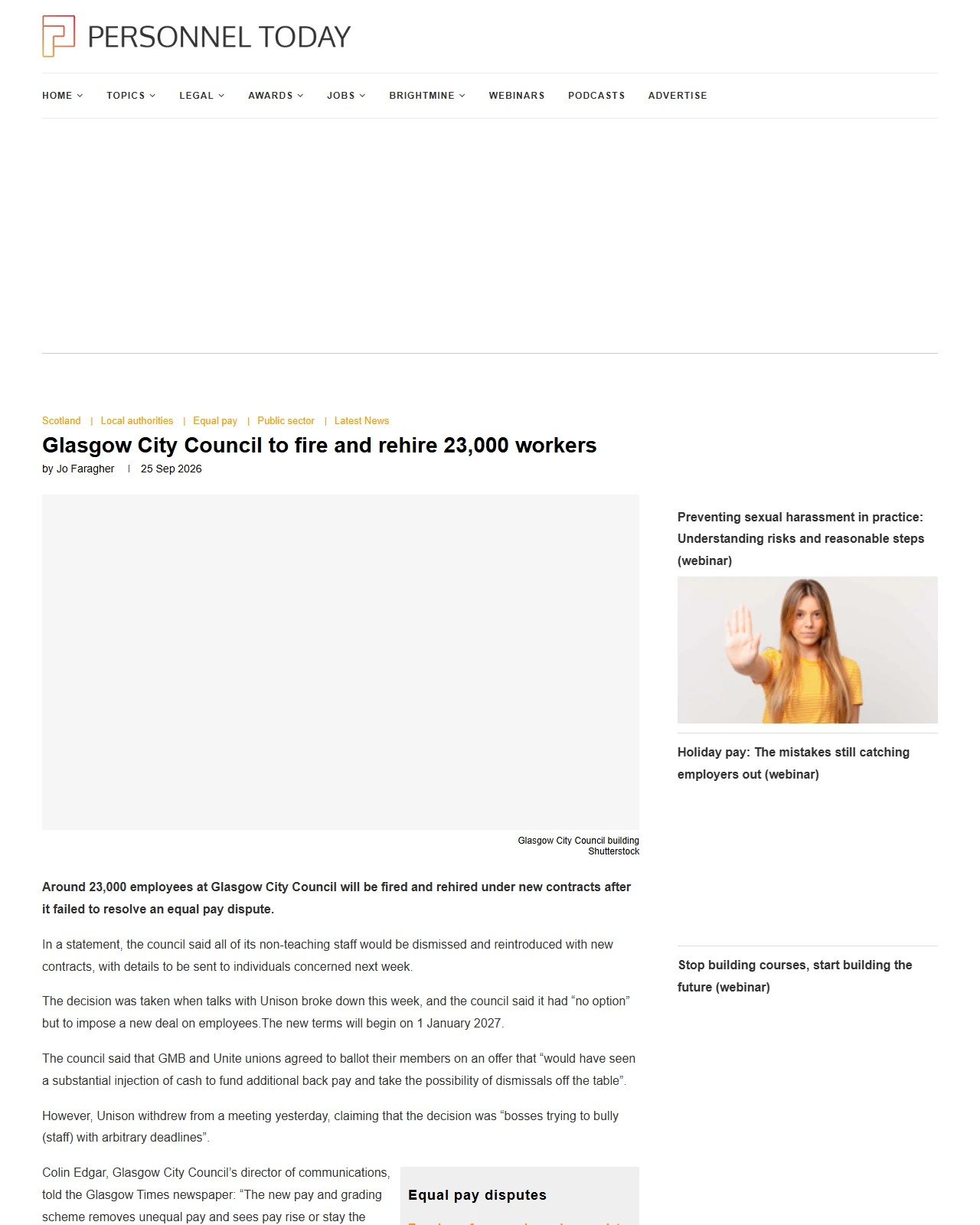 personneltoday.com as published: Glasgow City Council to fire and rehire 23,000 workers