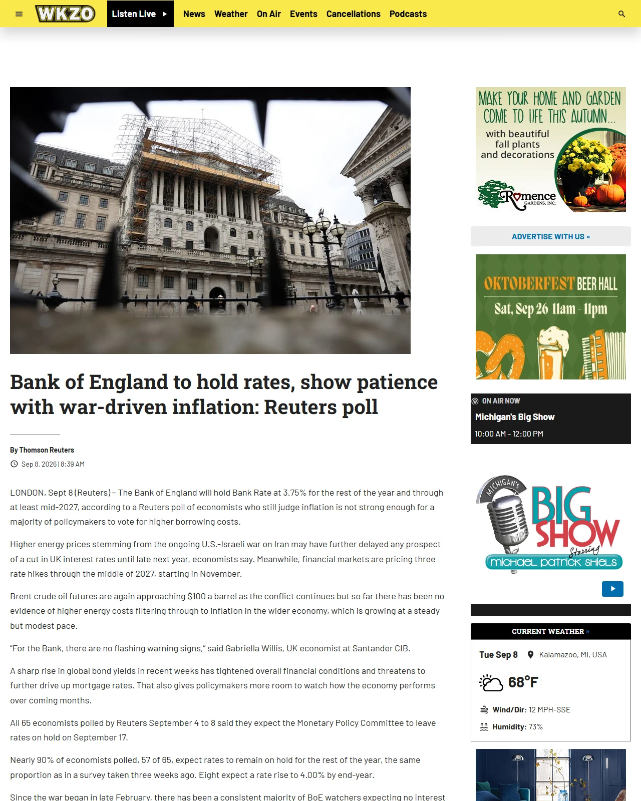 wkzo.com as published: Bank of England to hold rates, show patience with war-driven inflation: Reuters poll