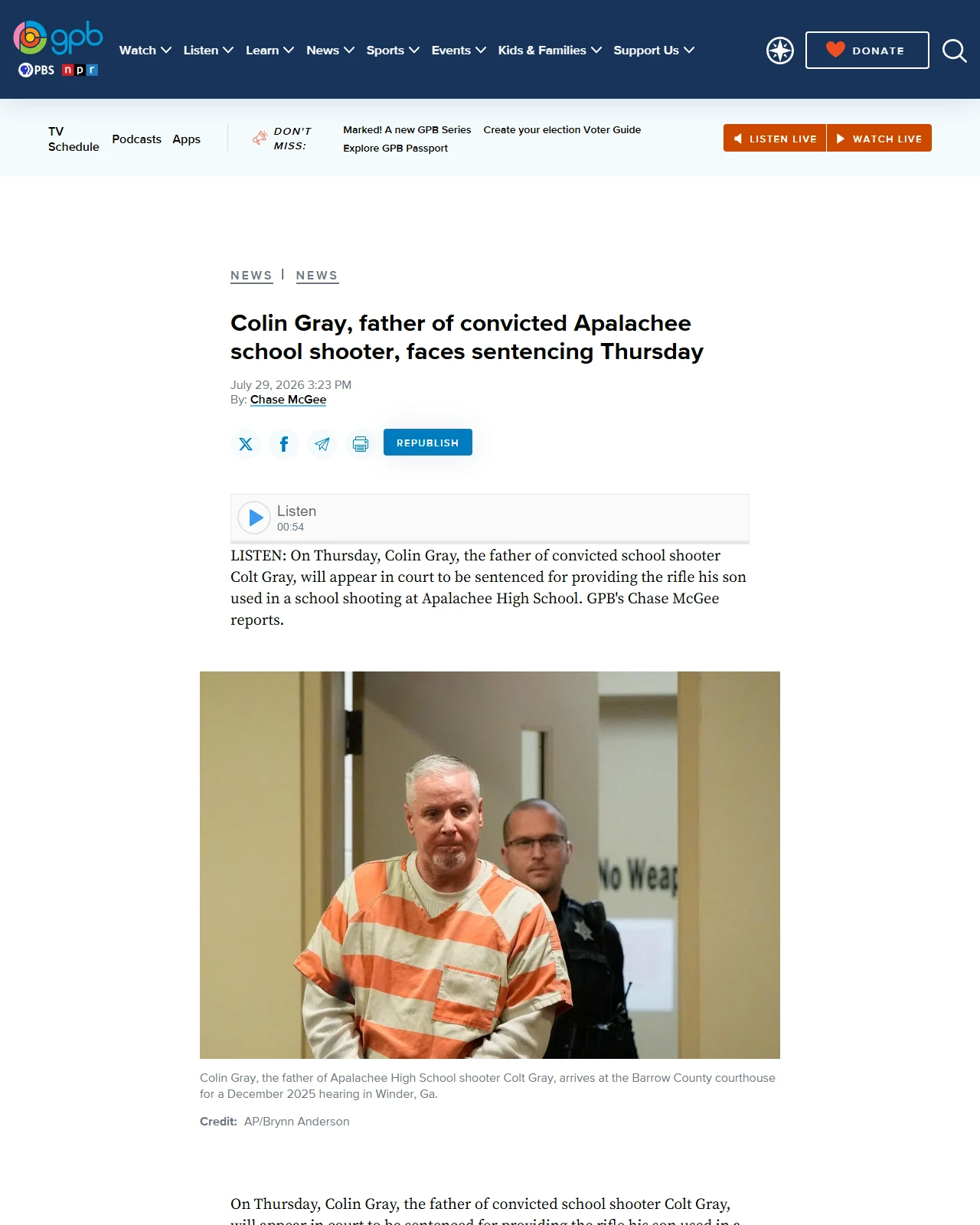 gpb.org as published: Colin Gray, father of convicted Apalachee school shooter, faces sentencing Thursday