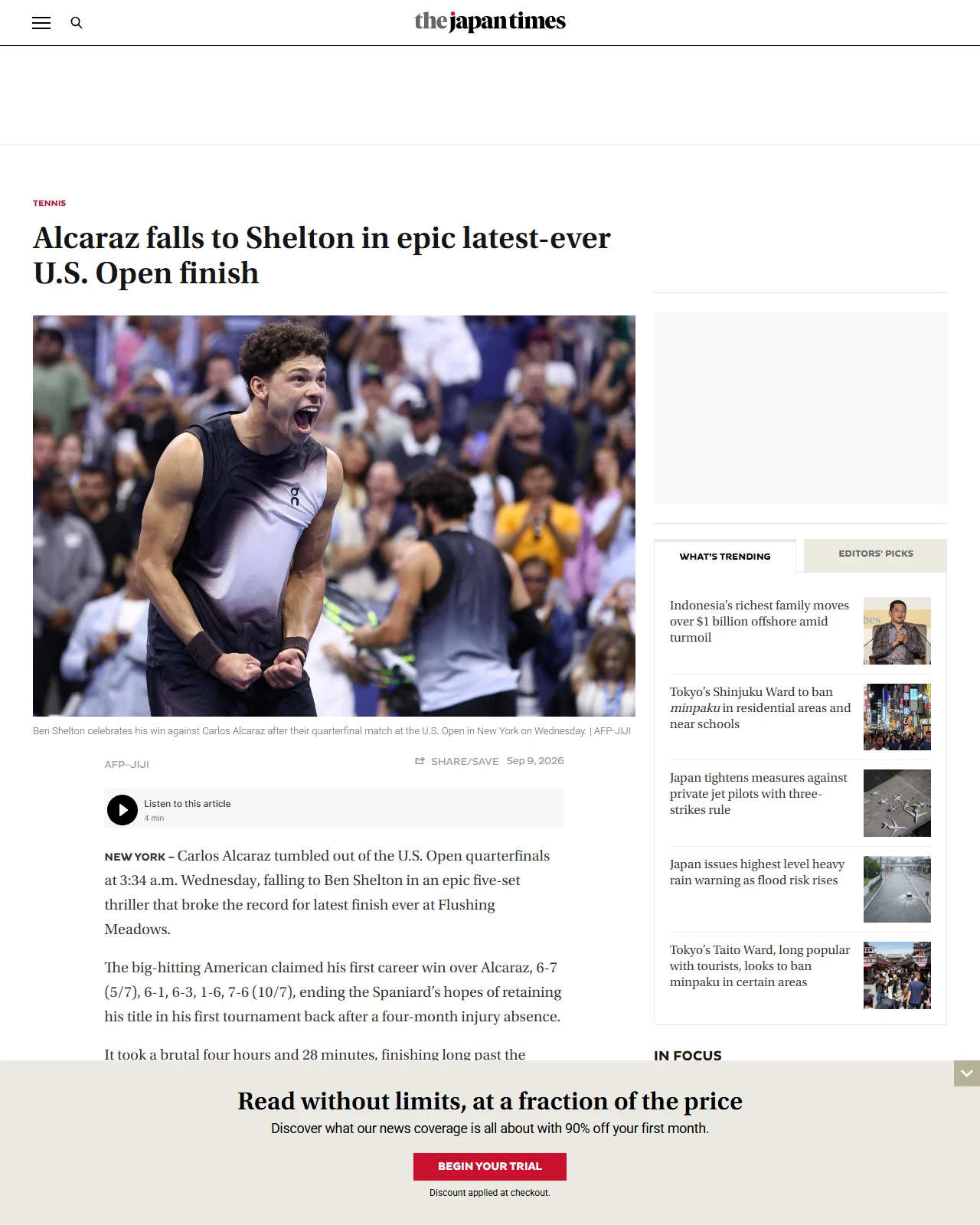 japantimes.co.jp as published: Alcaraz falls to Shelton in epic latest-ever U.S. Open finish