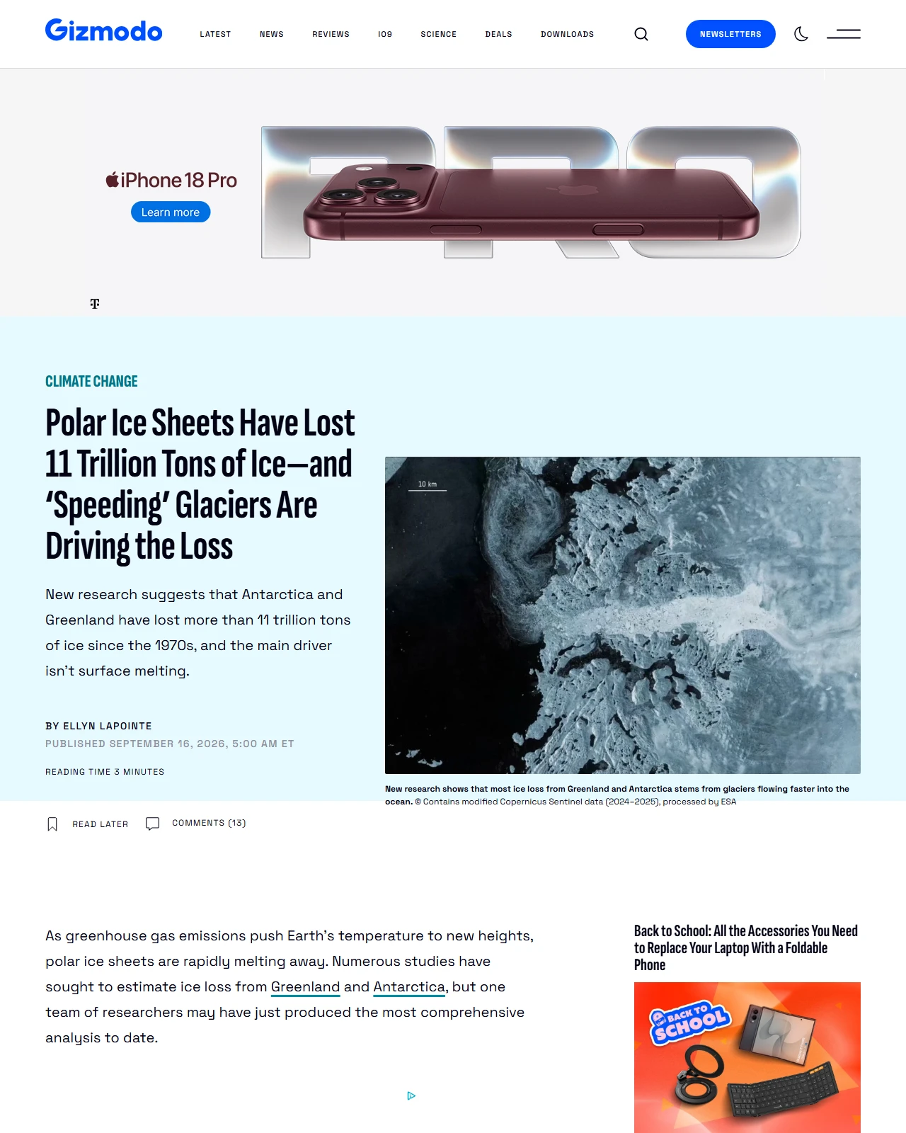 gizmodo.com as published: Polar Ice Sheets Have Lost 11 Trillion Tons of Ice—and 'Speeding' Glaciers Are Driving the Loss