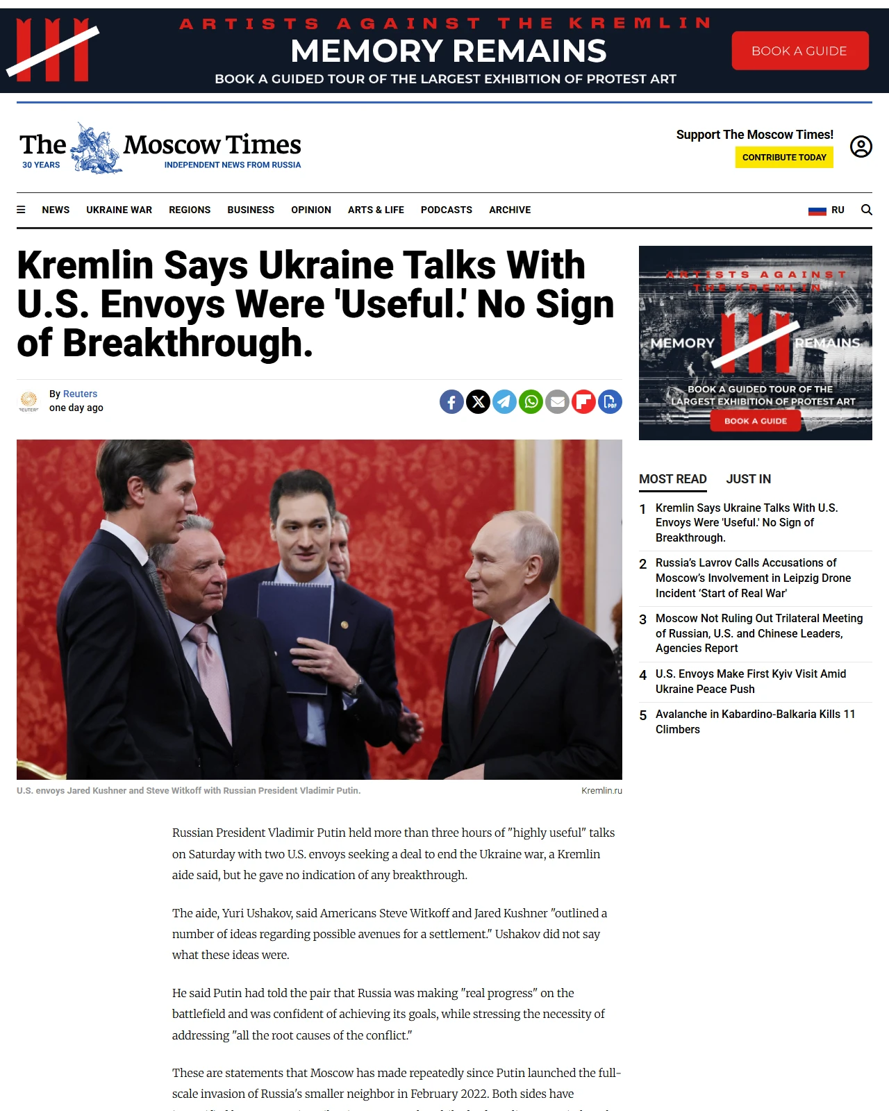 themoscowtimes.com as published: Kremlin Says Ukraine Talks With U.S. Envoys Were 'Useful.' No Sign of Breakthrough.