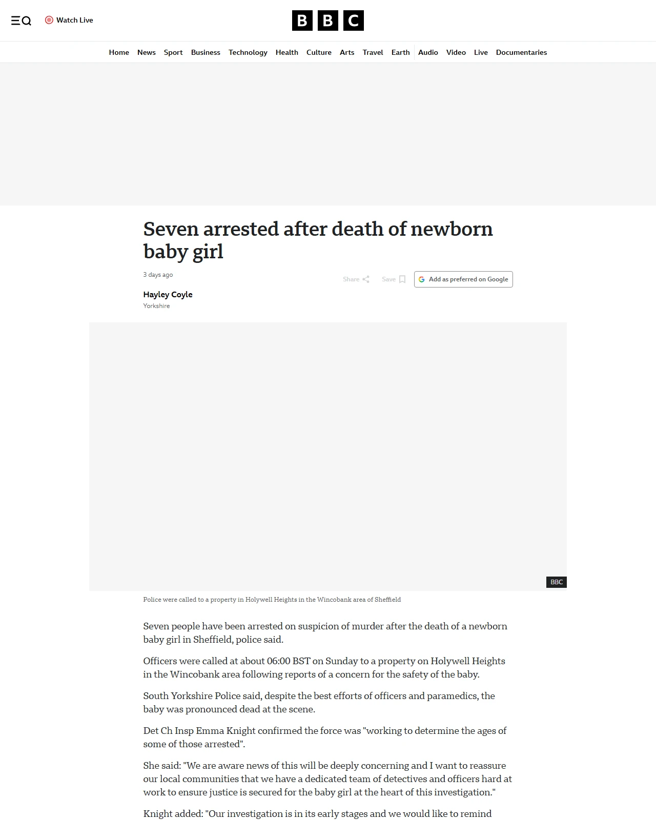 bbc.co.uk as published: Seven arrested after death of newborn baby girl in Sheffield