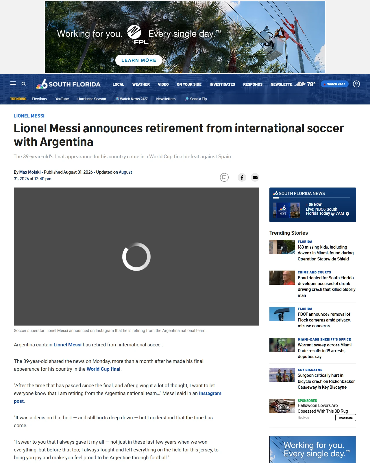 nbcmiami.com as published: Lionel Messi announces retirement from international soccer with Argentina