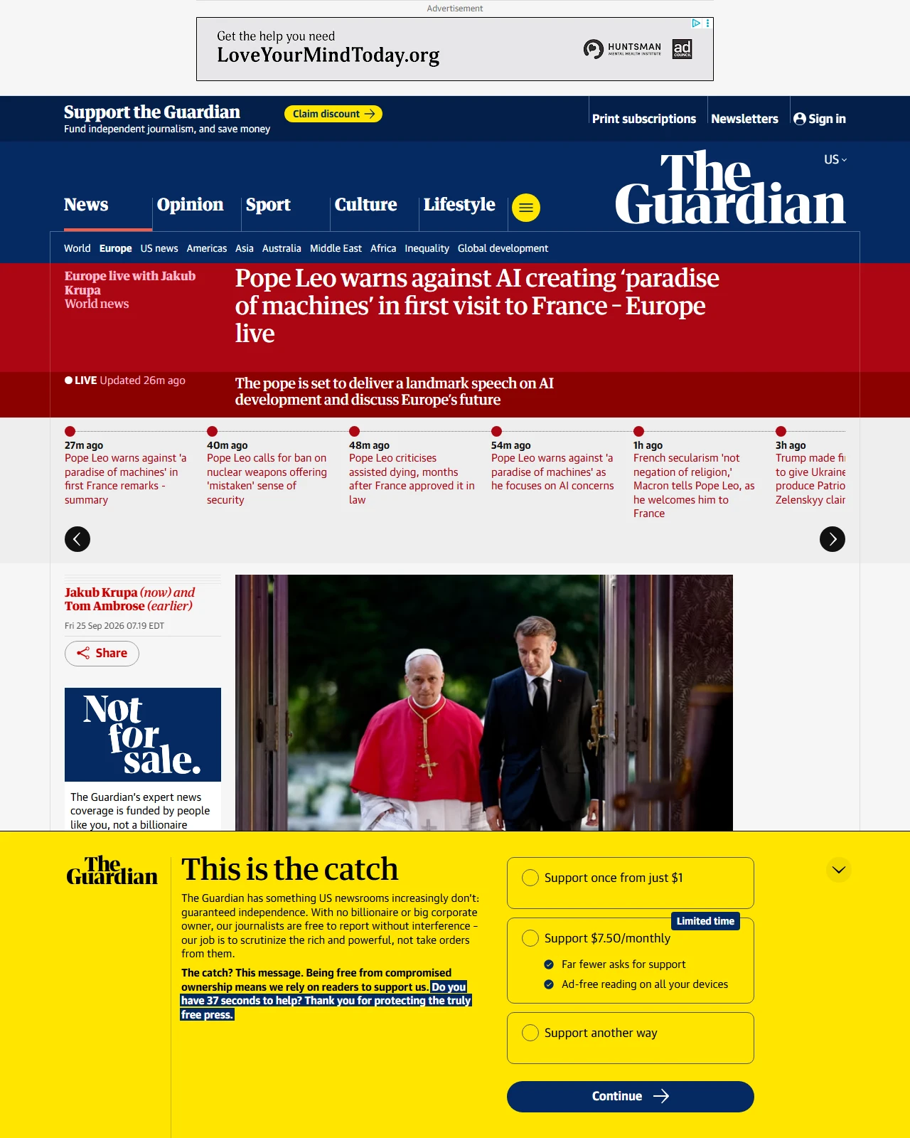 theguardian.com as published: Pope Leo warns against AI creating ‘paradise of machines’ in first visit to France – Europe live
