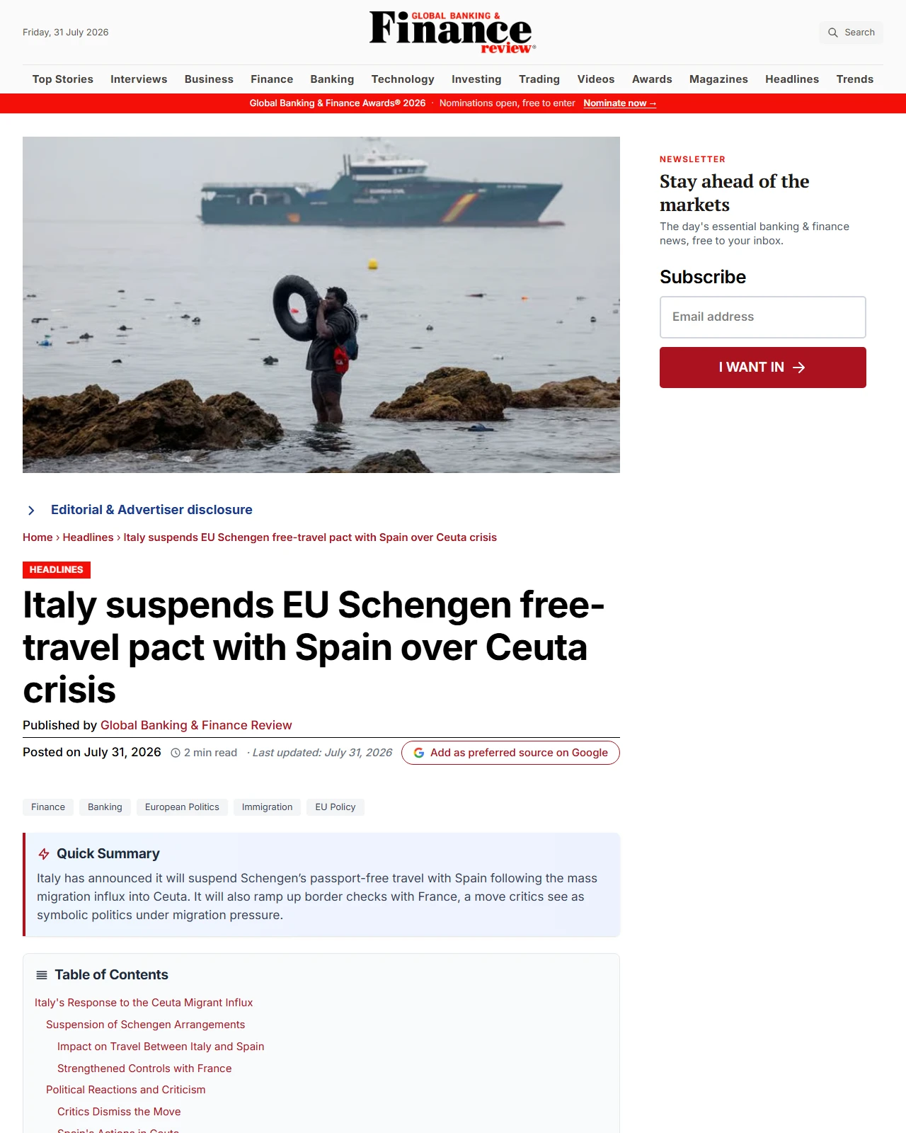 globalbankingandfinance.com as published: Italy Suspends Schengen Pact with Spain Amid Ceuta Migrant Crisis