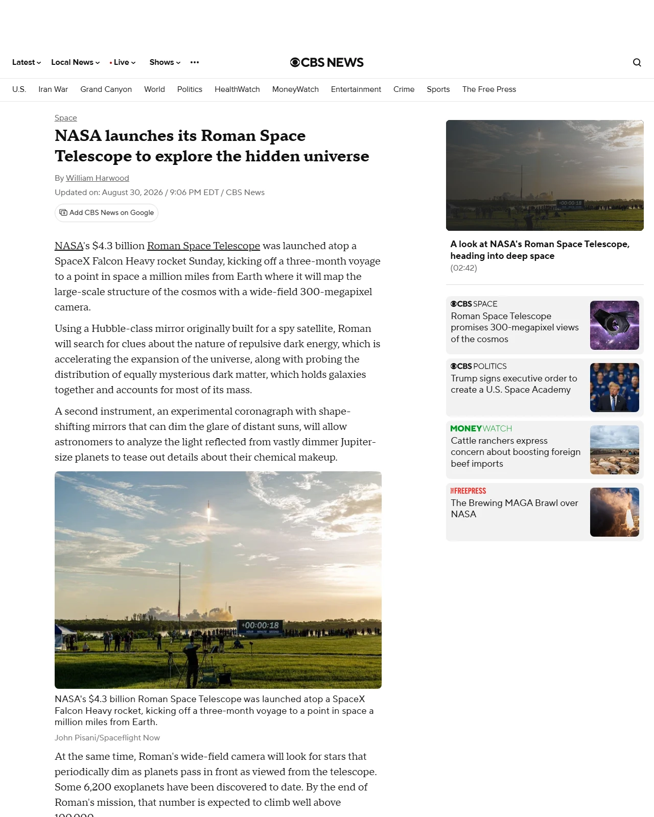 cbsnews.com as published: NASA launches its Roman Space Telescope to explore the hidden universe