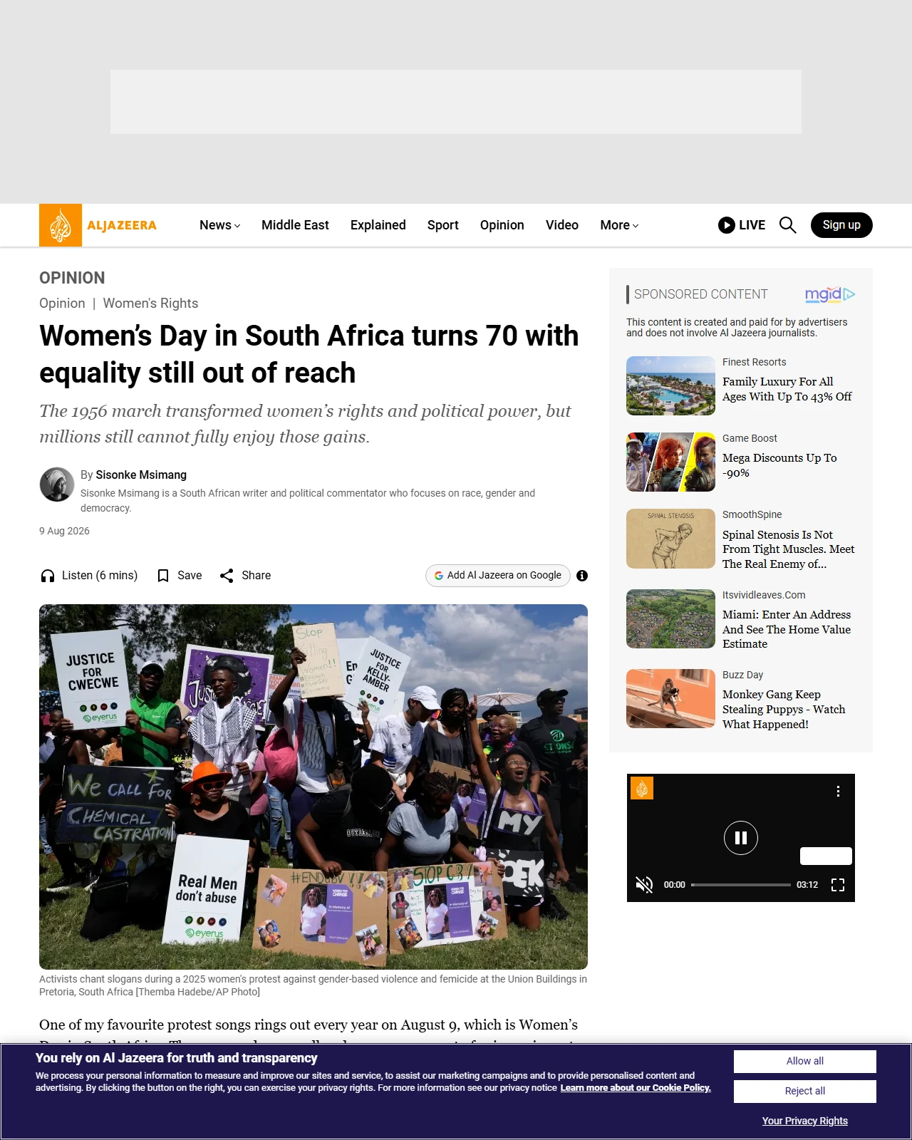 aljazeera.com as published: Women’s Day in South Africa turns 70 with equality still out of reach