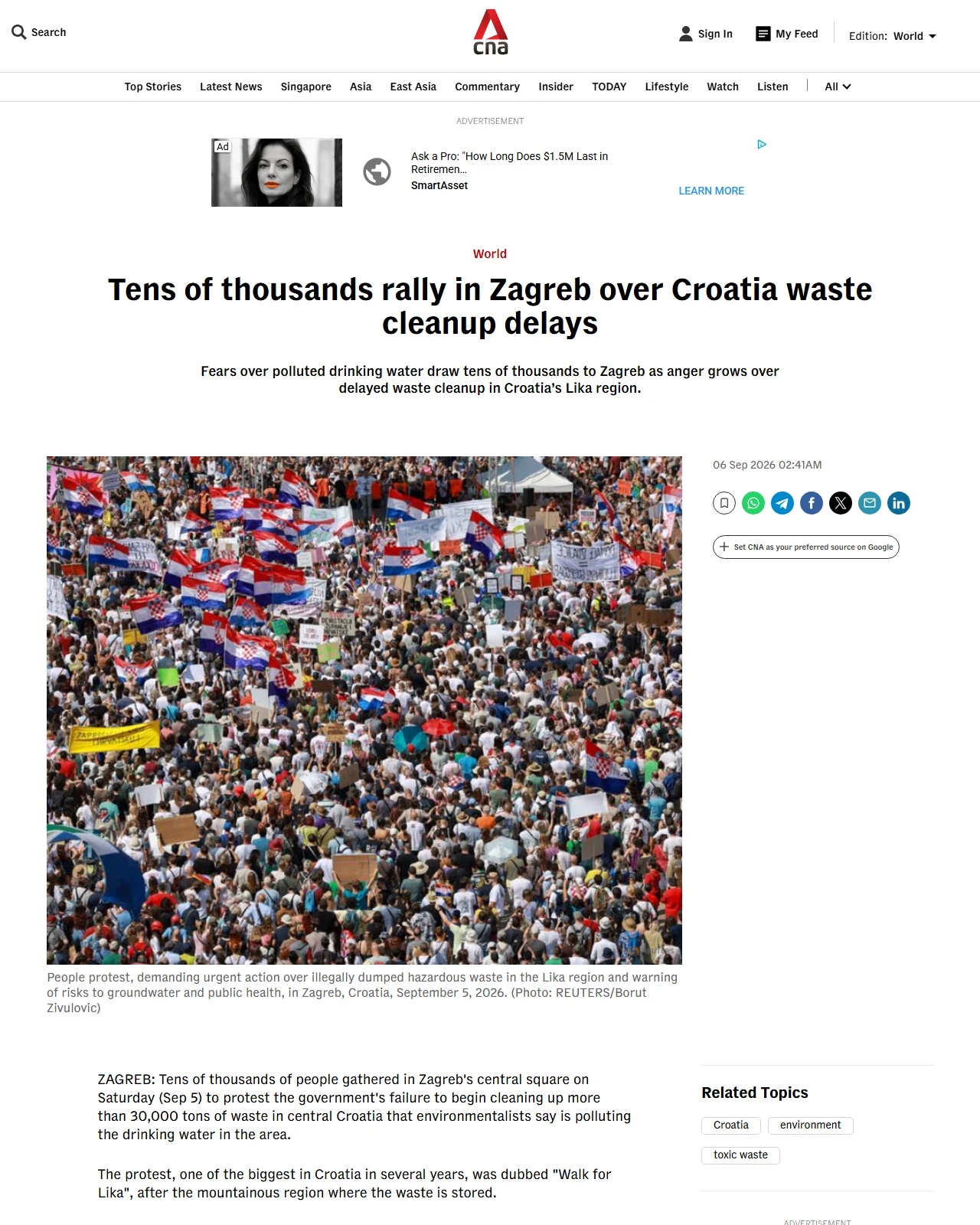 channelnewsasia.com as published: Tens of thousands rally in Zagreb over Croatia waste cleanup delays