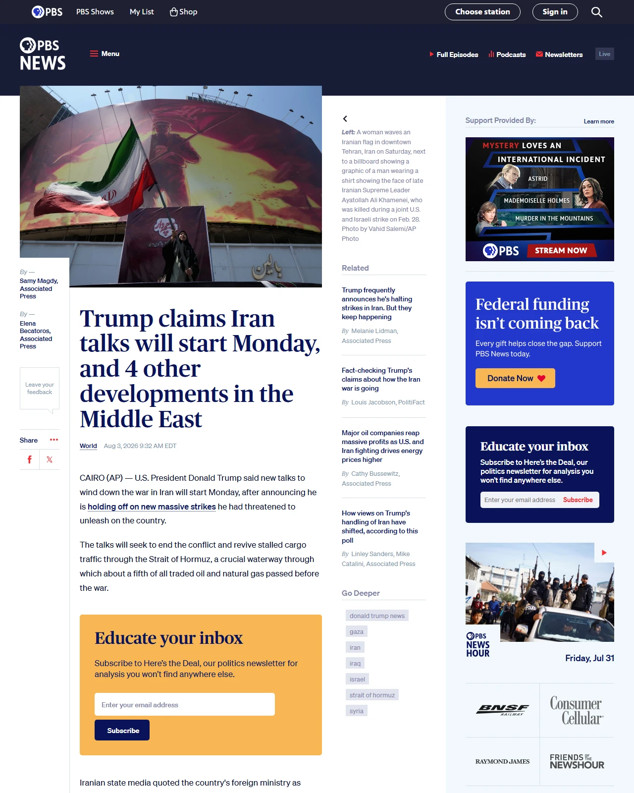 pbs.org as published: Trump claims Iran talks will start Monday, and 4 other developments in the Middle East