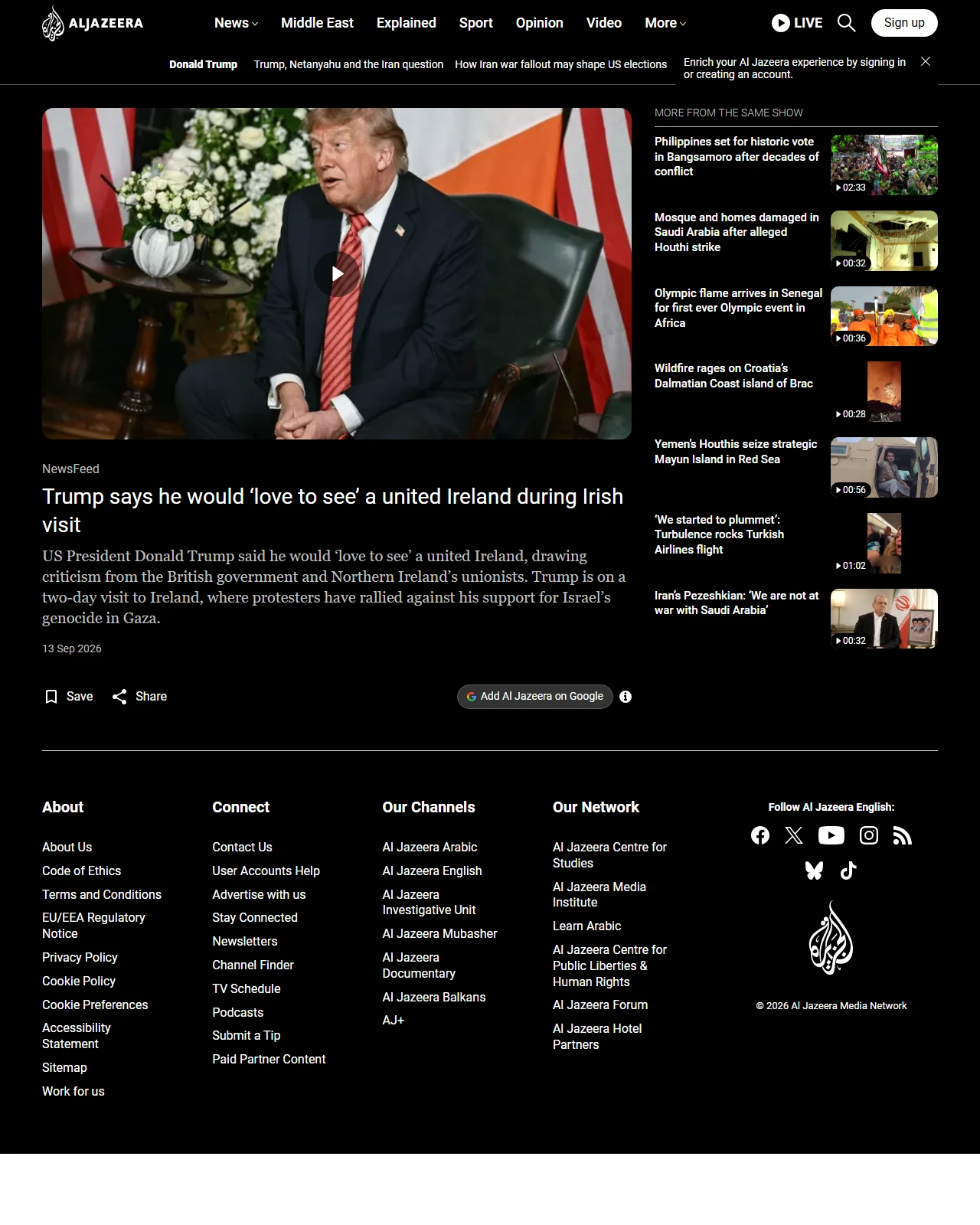 aljazeera.com as published: Trump says he would ‘love to see’ a united Ireland during Irish visit