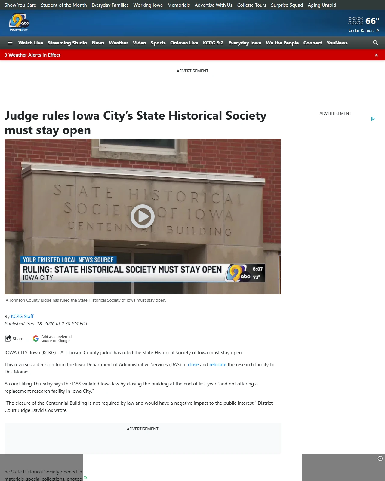 kcrg.com as published: Judge rules Iowa City’s State Historical Society must stay open