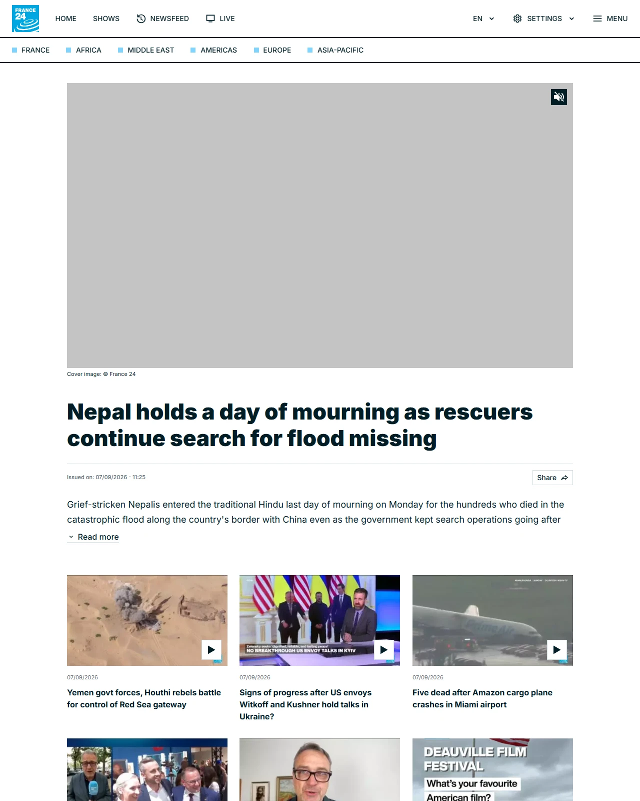 france24.com as published: Nepal holds a day of mourning as rescuers continue search for flood missing