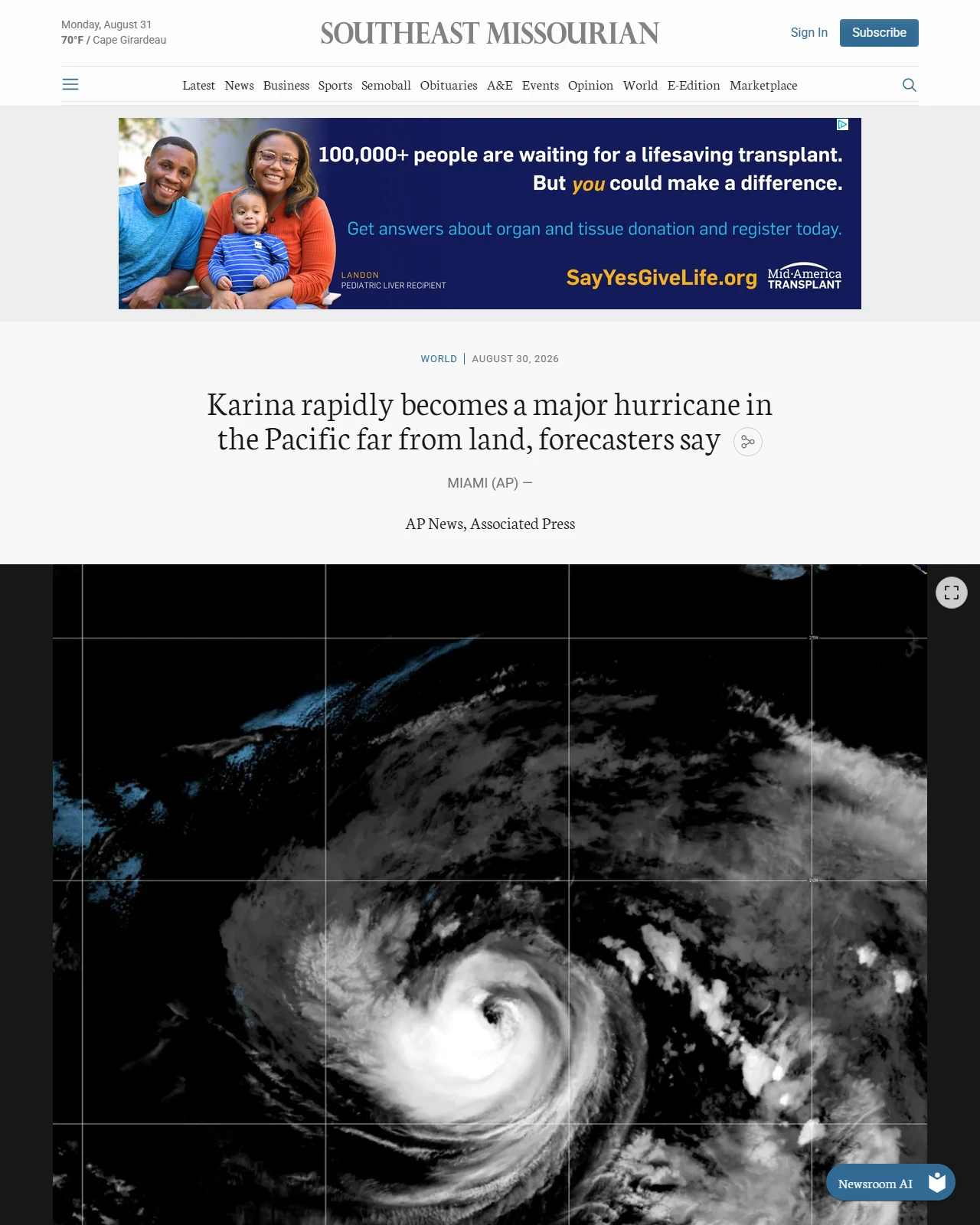 semissourian.com as published: Karina rapidly becomes a major hurricane in the Pacific far from land, forecasters say