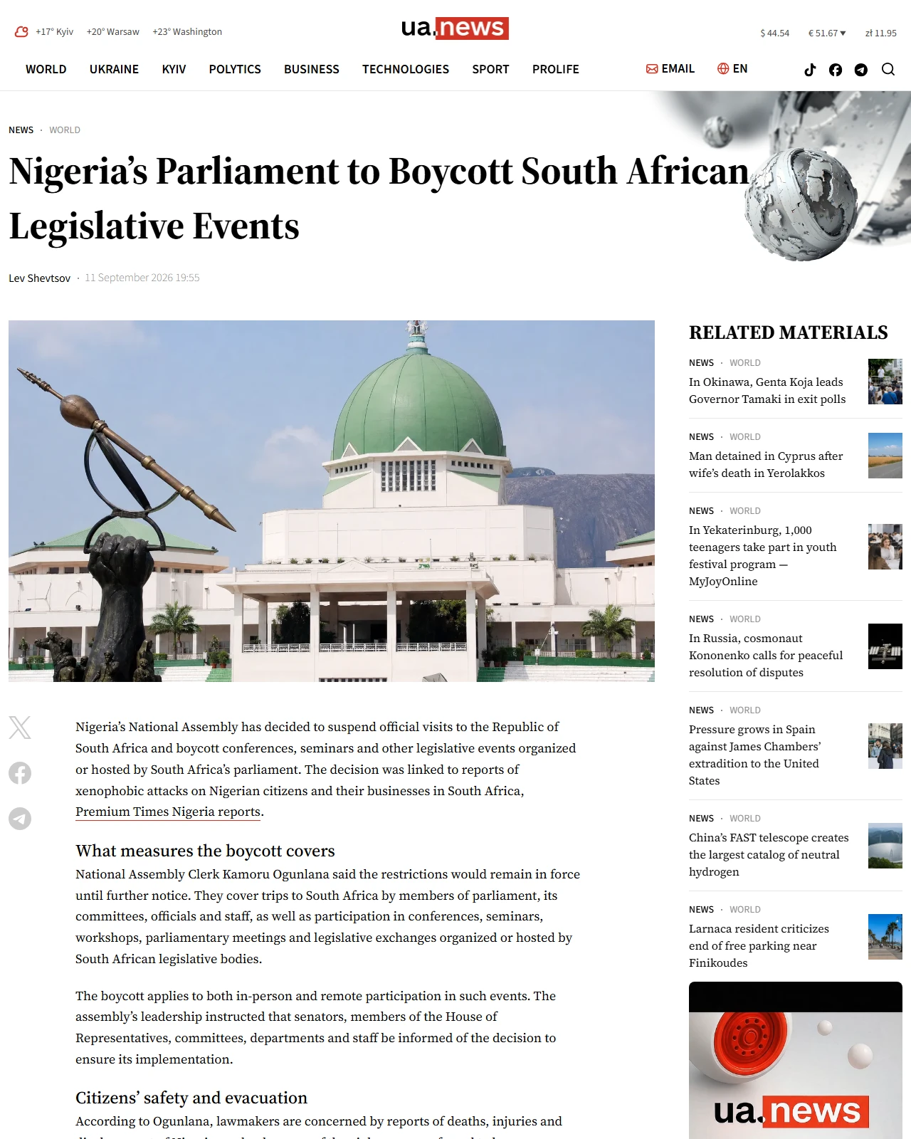 ua.news as published: Nigeria’s Parliament to Boycott South African Legislative Events