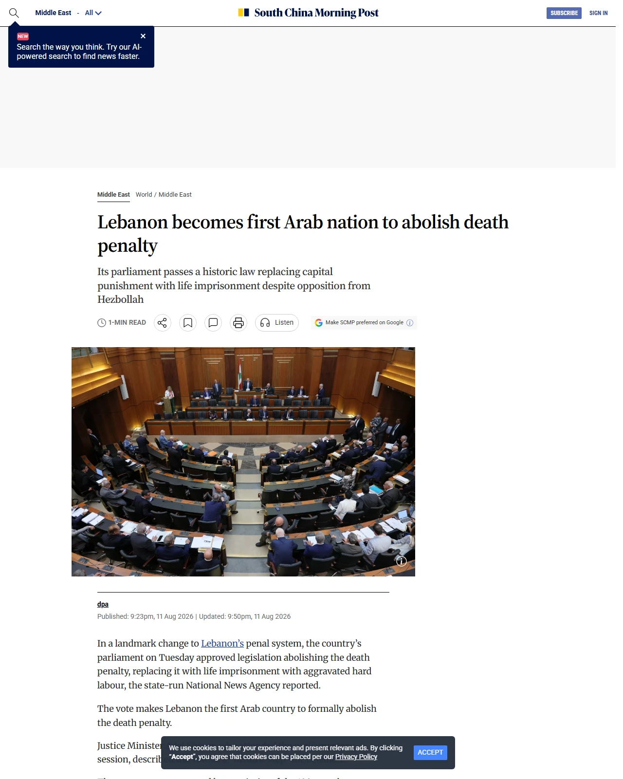 scmp.com as published: Lebanon becomes first Arab nation to abolish death penalty