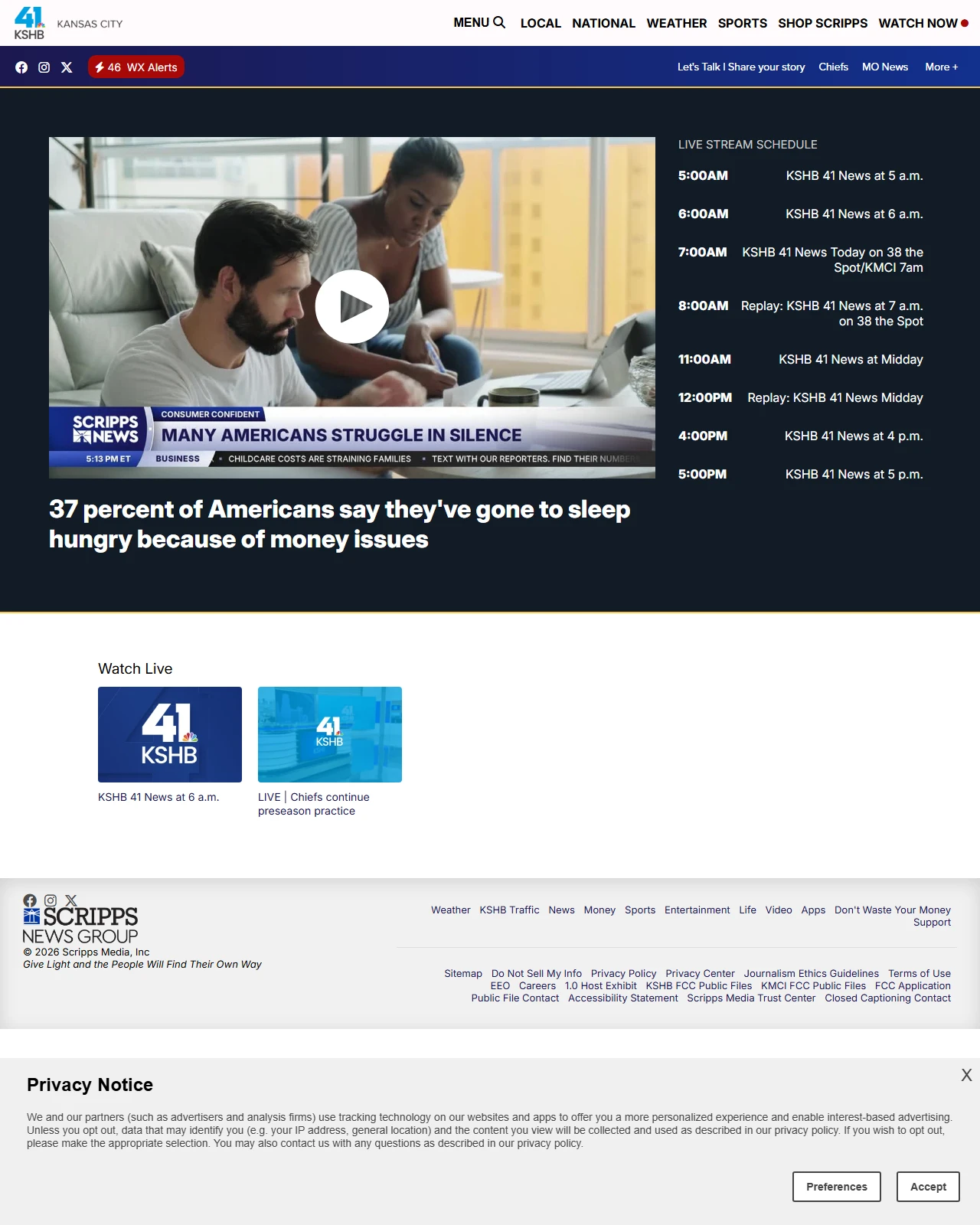 kshb.com as published: 37 percent of Americans say they've gone to sleep hungry because of money issues