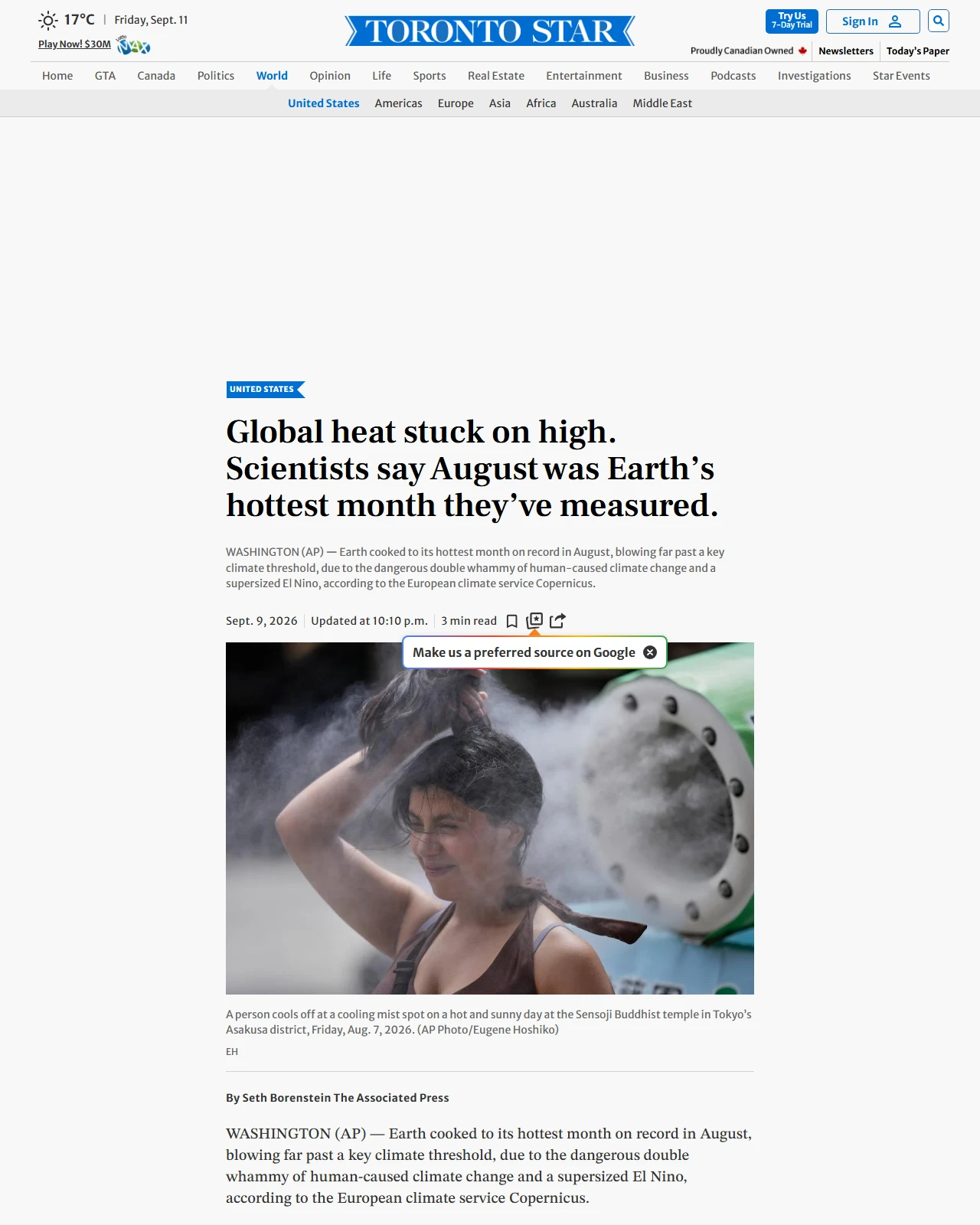 thestar.com as published: Global heat stuck on high. Scientists say August was Earth's hottest month they've measured.