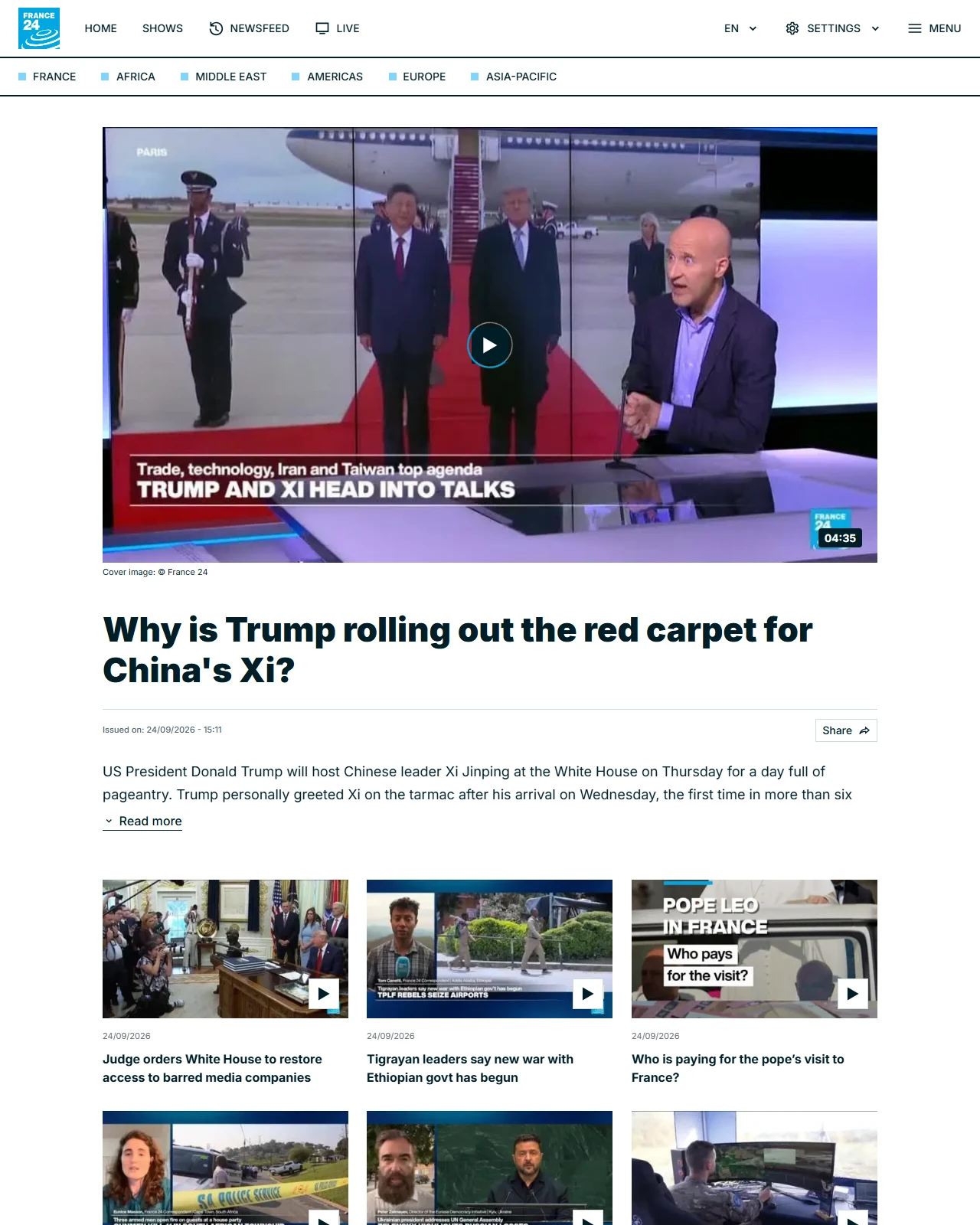 france24.com as published: Why is Trump rolling out the red carpet for China's Xi?