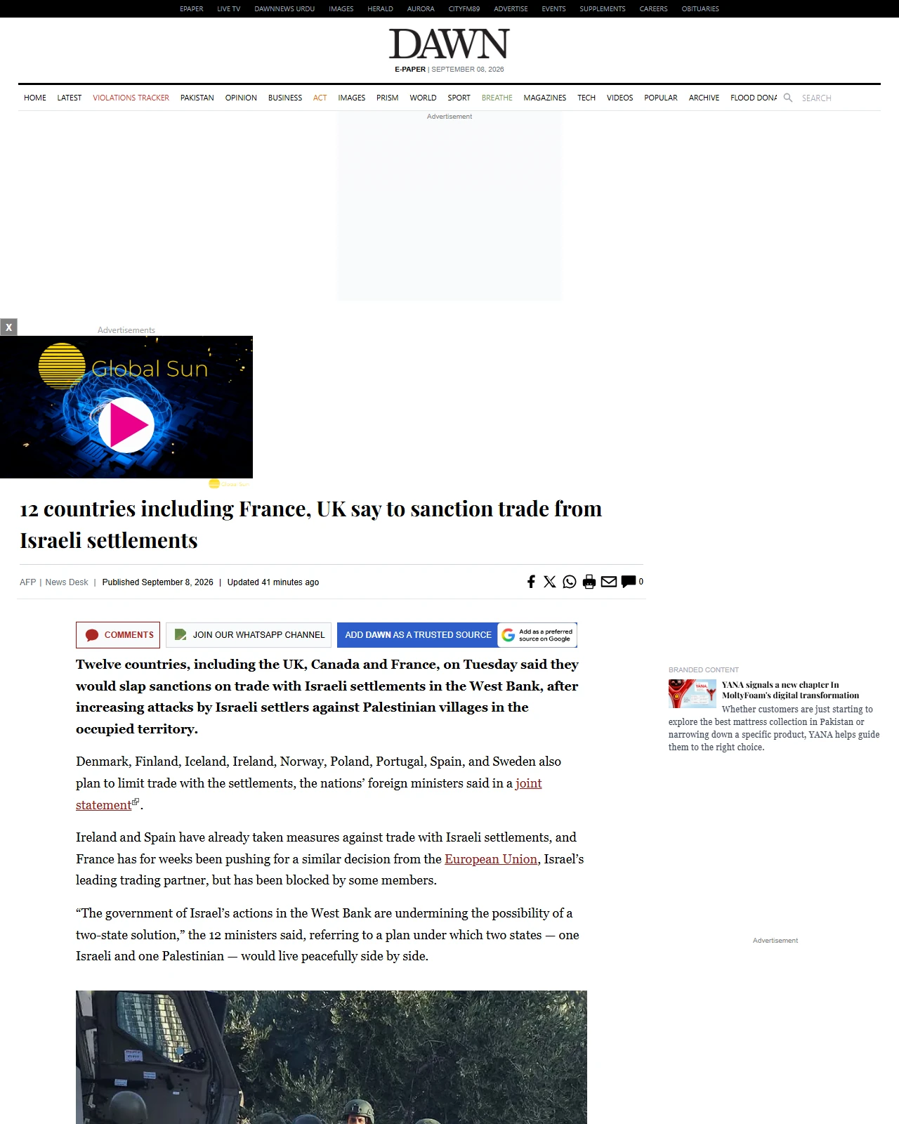 dawn.com as published: 12 countries including France, UK say to sanction trade from Israeli settlements