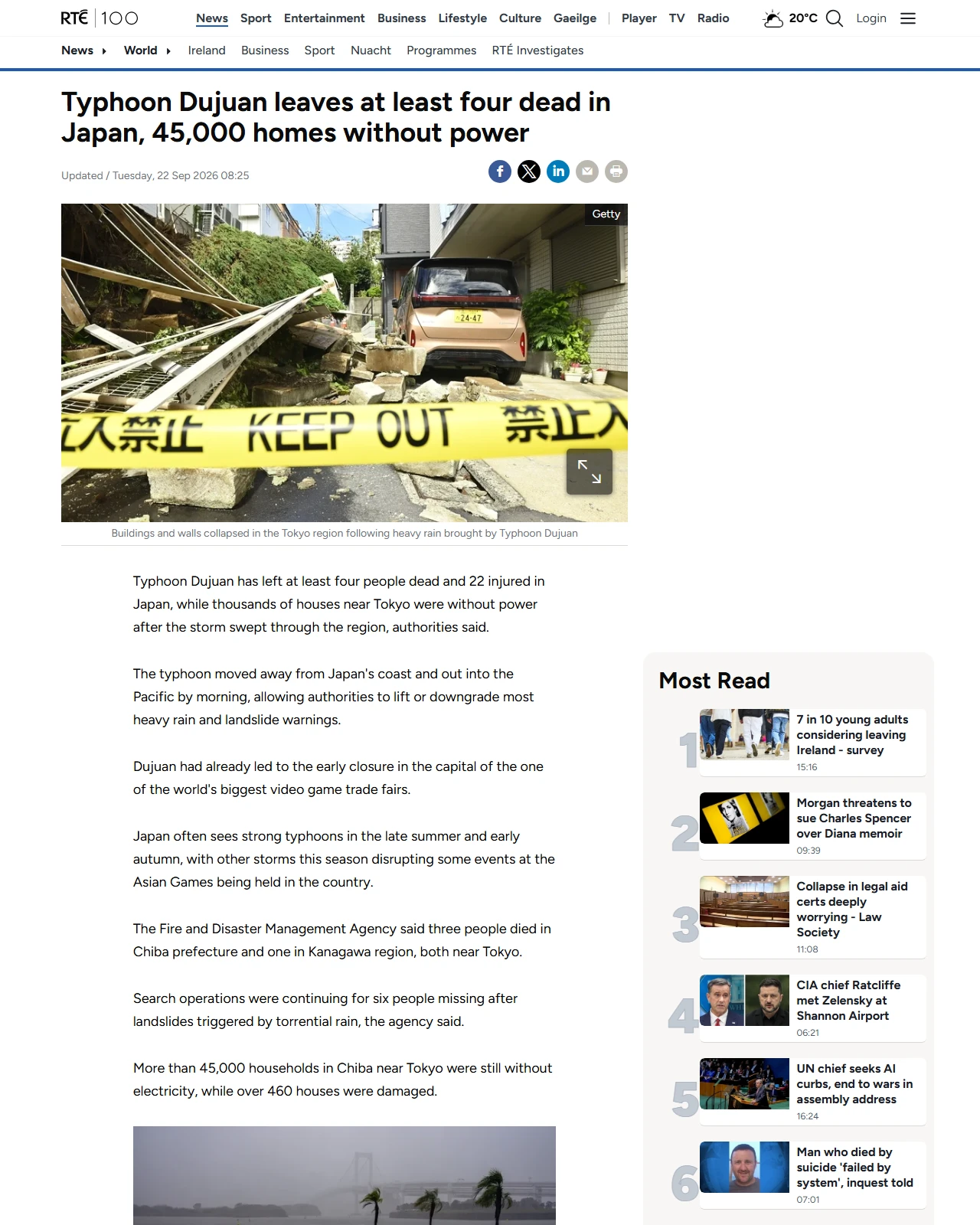 rte.ie as published: Typhoon Dujuan leaves at least four dead in Japan