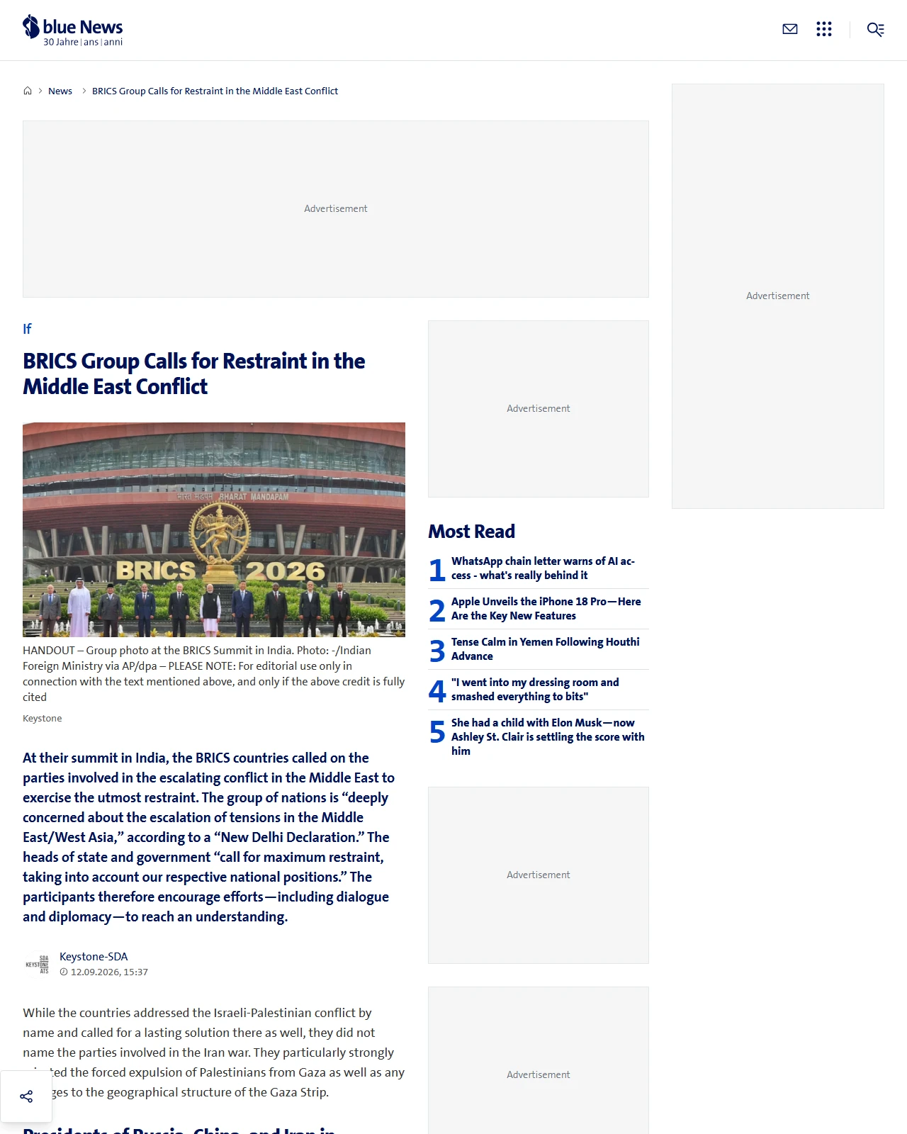 bluewin.ch as published: BRICS Group Calls for Restraint in the Middle East Conflict