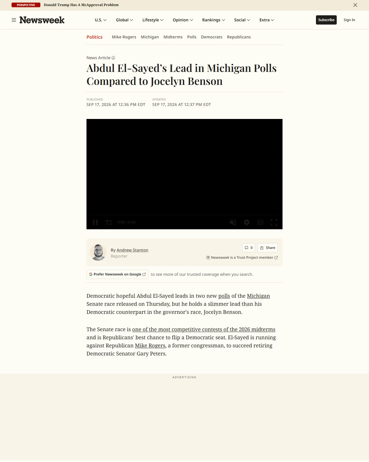 newsweek.com as published: Abdul El-Sayed’s Lead in Michigan Polls Compared to Jocelyn Benson