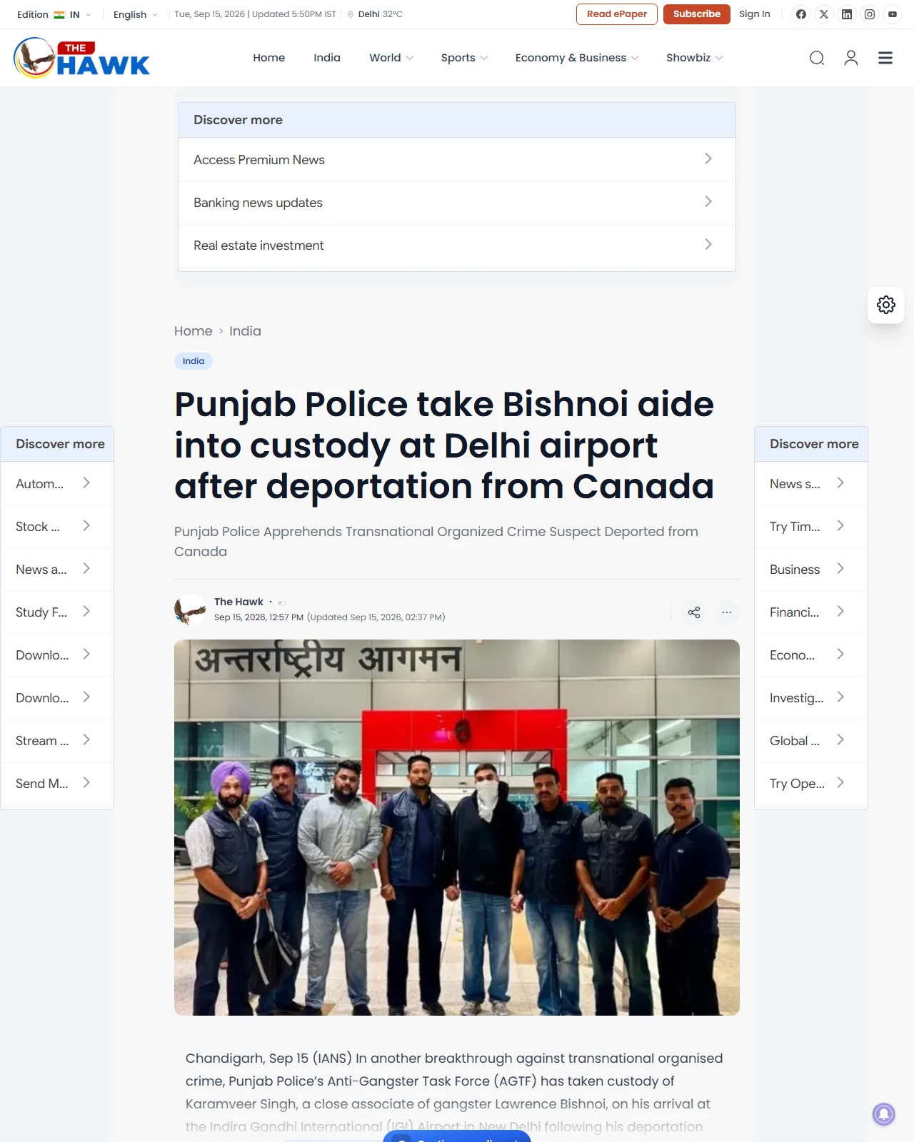 thehawk.in as published: Punjab Police take Bishnoi aide into custody at Delhi airport after deportation from Canada